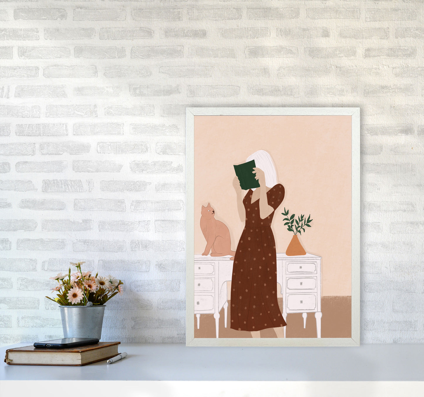 Girl Book Cat Art Print by Essentially Nomadic A2 Oak Frame
