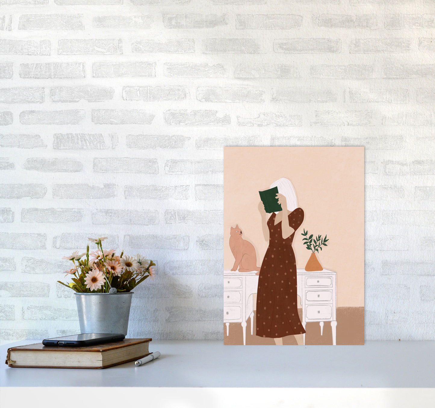 Girl Book Cat Art Print by Essentially Nomadic A3 Black Frame