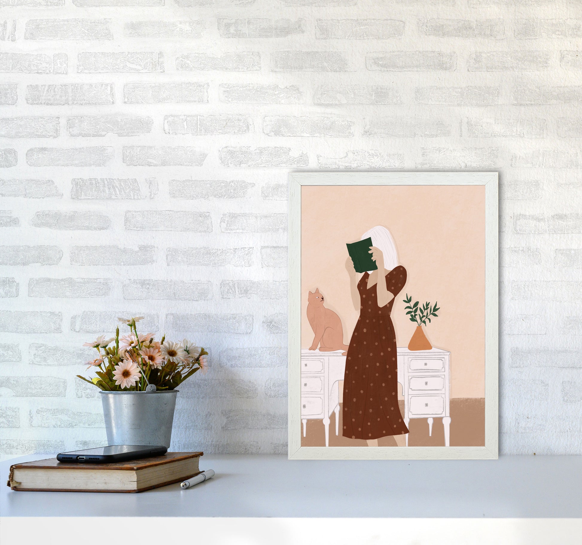 Girl Book Cat Art Print by Essentially Nomadic A3 Oak Frame