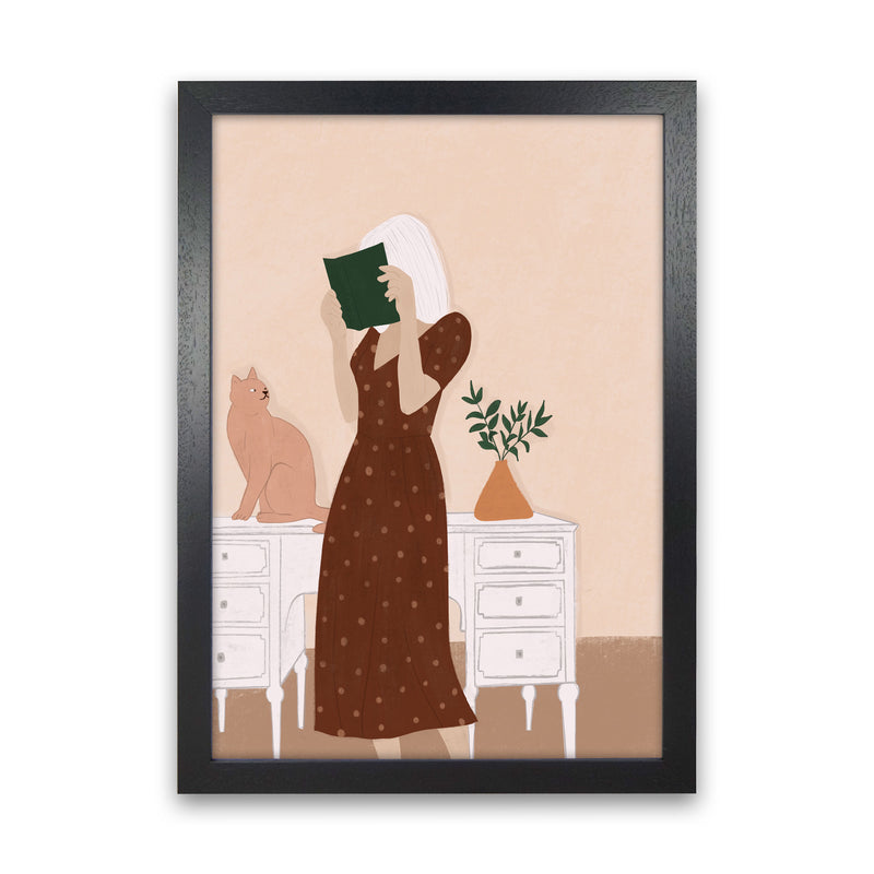 Girl Book Cat Art Print by Essentially Nomadic Black Grain