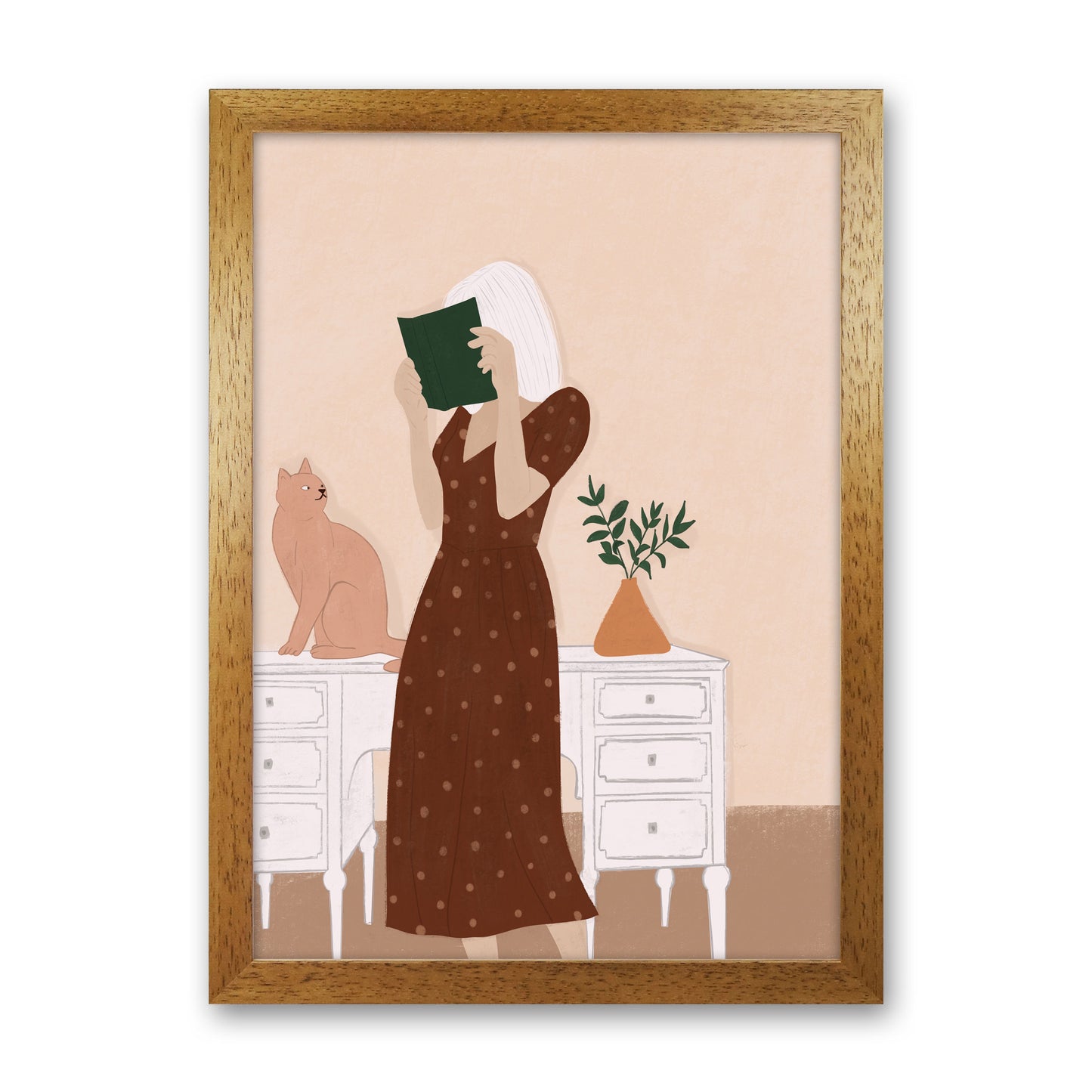 Girl Book Cat Art Print by Essentially Nomadic Oak Grain