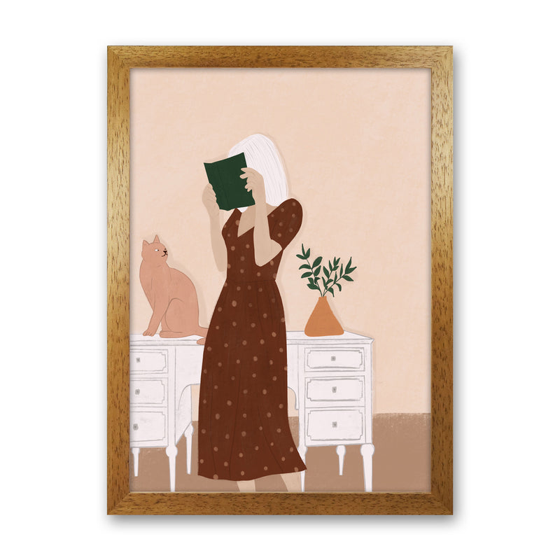 Girl Book Cat Art Print by Essentially Nomadic Oak Grain