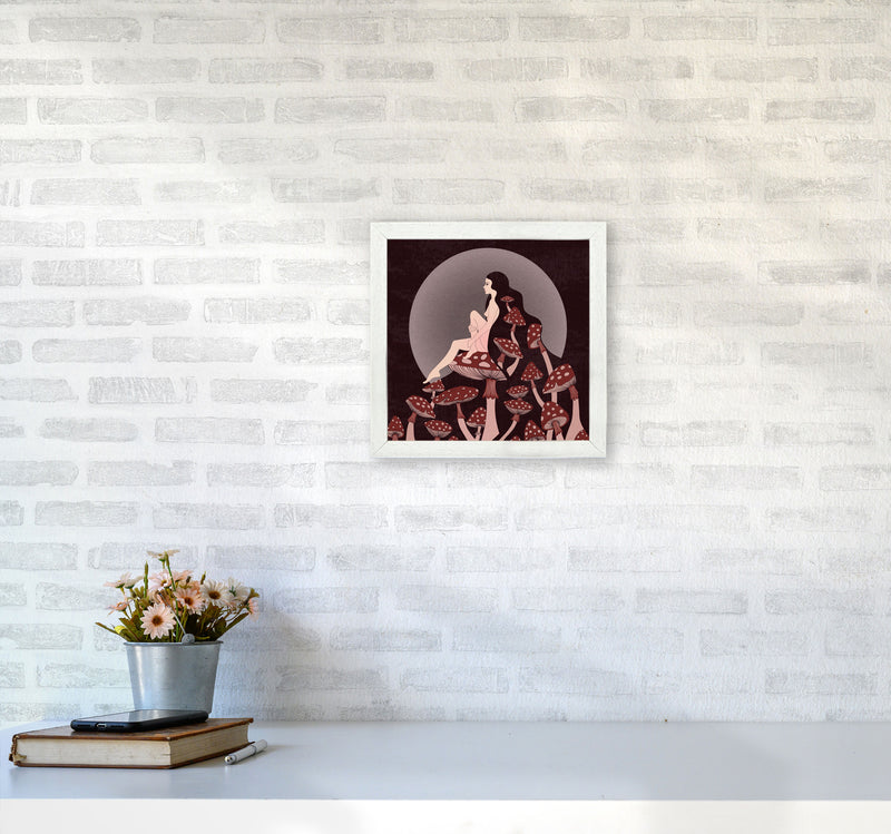 Mushroom Queen Square Text Art Print by Inktally3030 Oak Frame