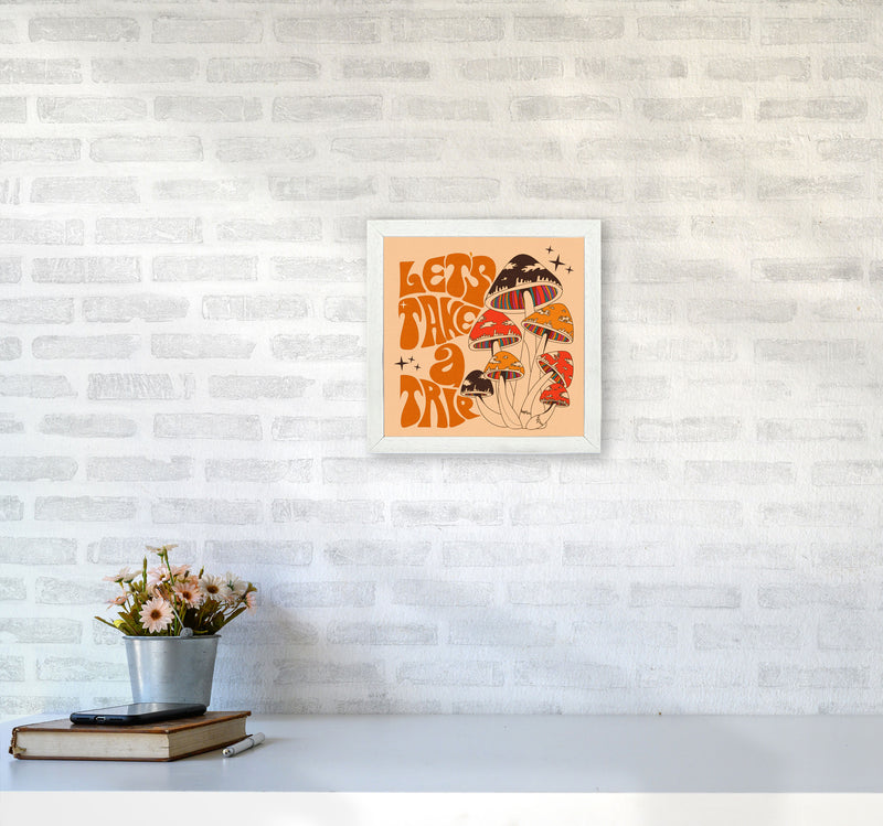 Mushies No Border- Cream Brown - Square-Text - Print Art Print by Inktally3030 Oak Frame