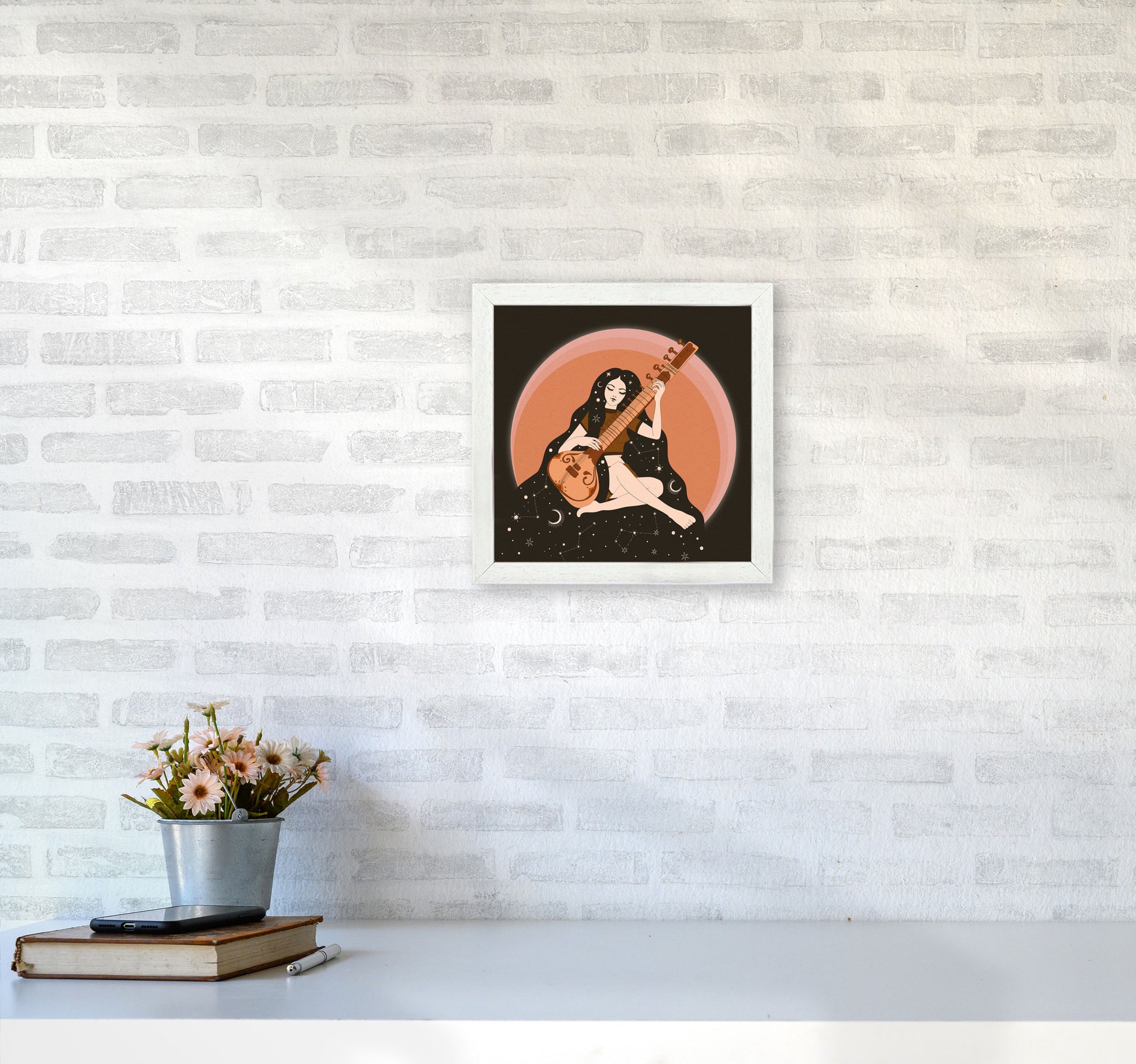 Sitar Girl 60 X 60Cm-Textured 01 Art Print by Inktally3030 Oak Frame