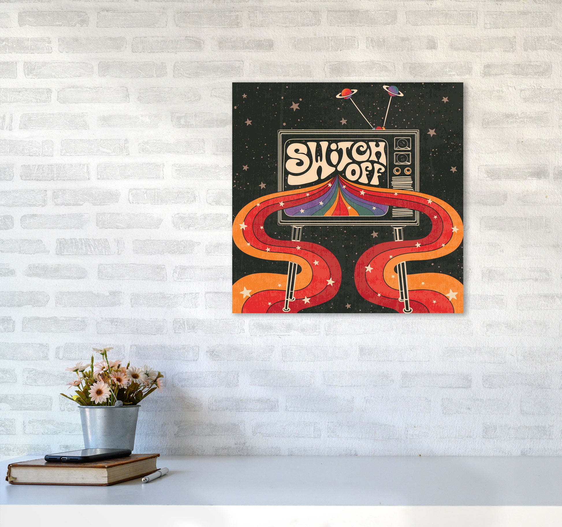 Switch Off, Rainbow Retro Tv Art Print by Inktally5050 Black Frame