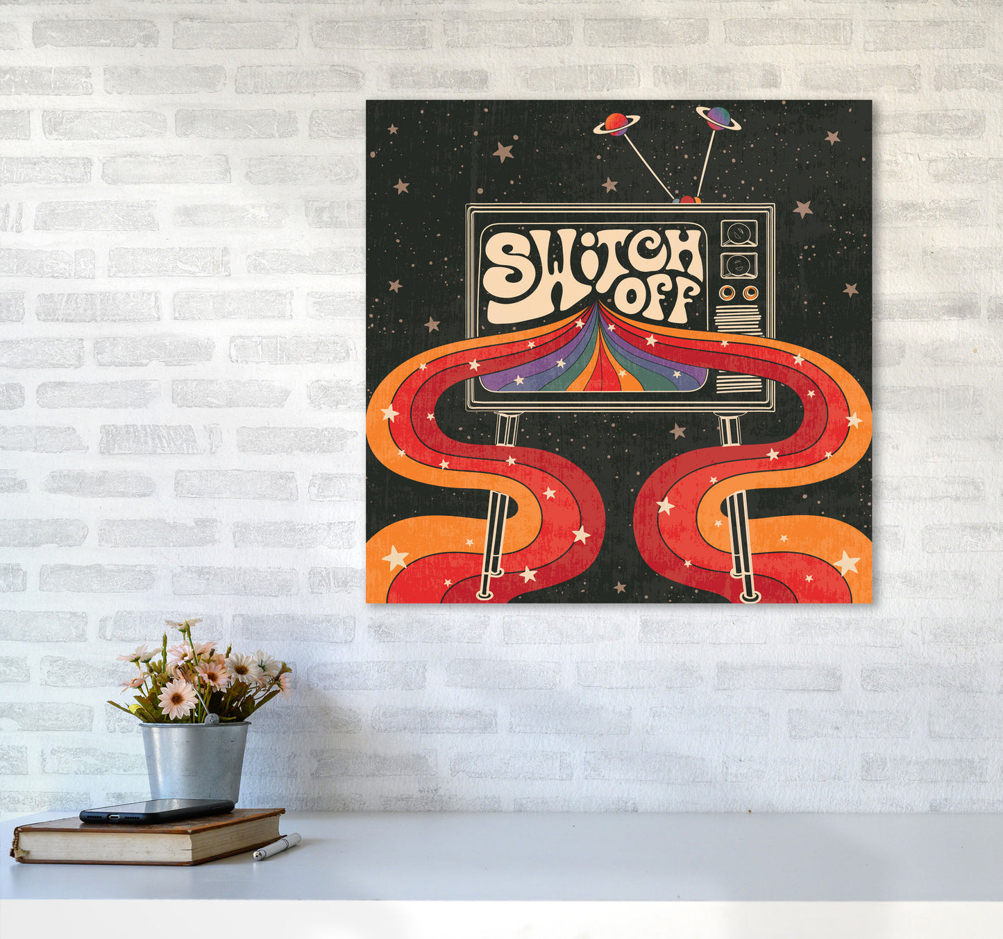 Switch Off, Rainbow Retro Tv Art Print by Inktally6060 Black Frame