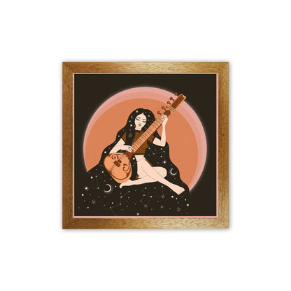 Sitar Girl 60 X 60Cm-Textured 01 Art Print by Inktally Oak Grain