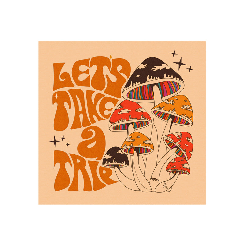 Mushies No Border- Cream Brown - Square-Text - Print Art Print by Inktally Print Only