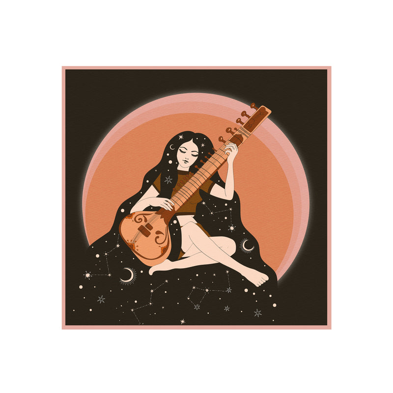 Sitar Girl Psychedelic Illustration Art Print by Inktally Print Only