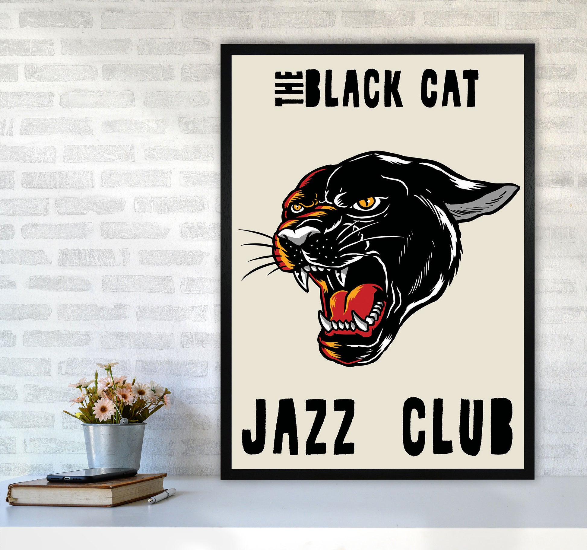 The Black Cat Jazz Club Art Print by Jason Stanley A1 White Frame