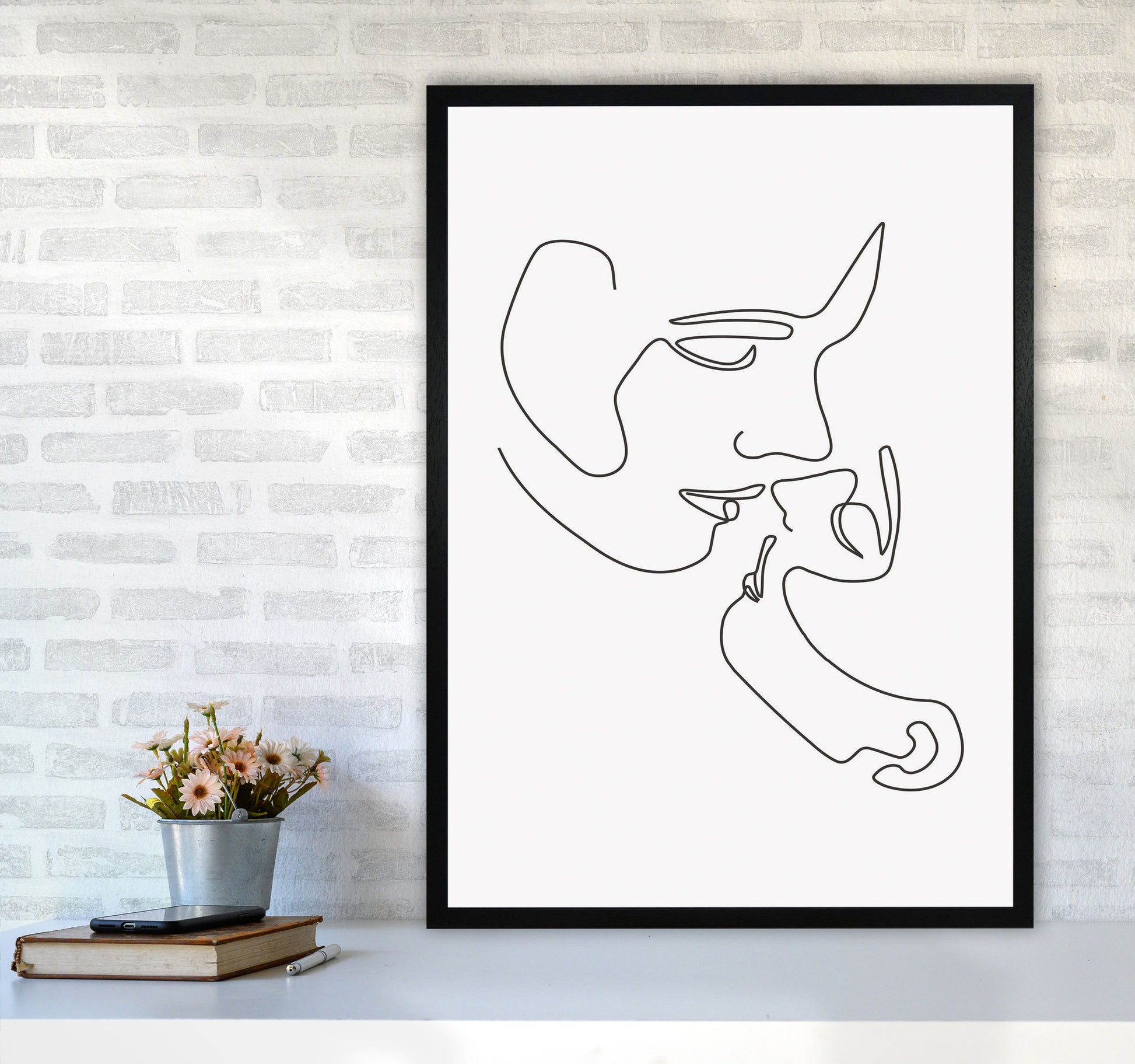 One Line Kiss Art Print by Jason Stanley A1 White Frame