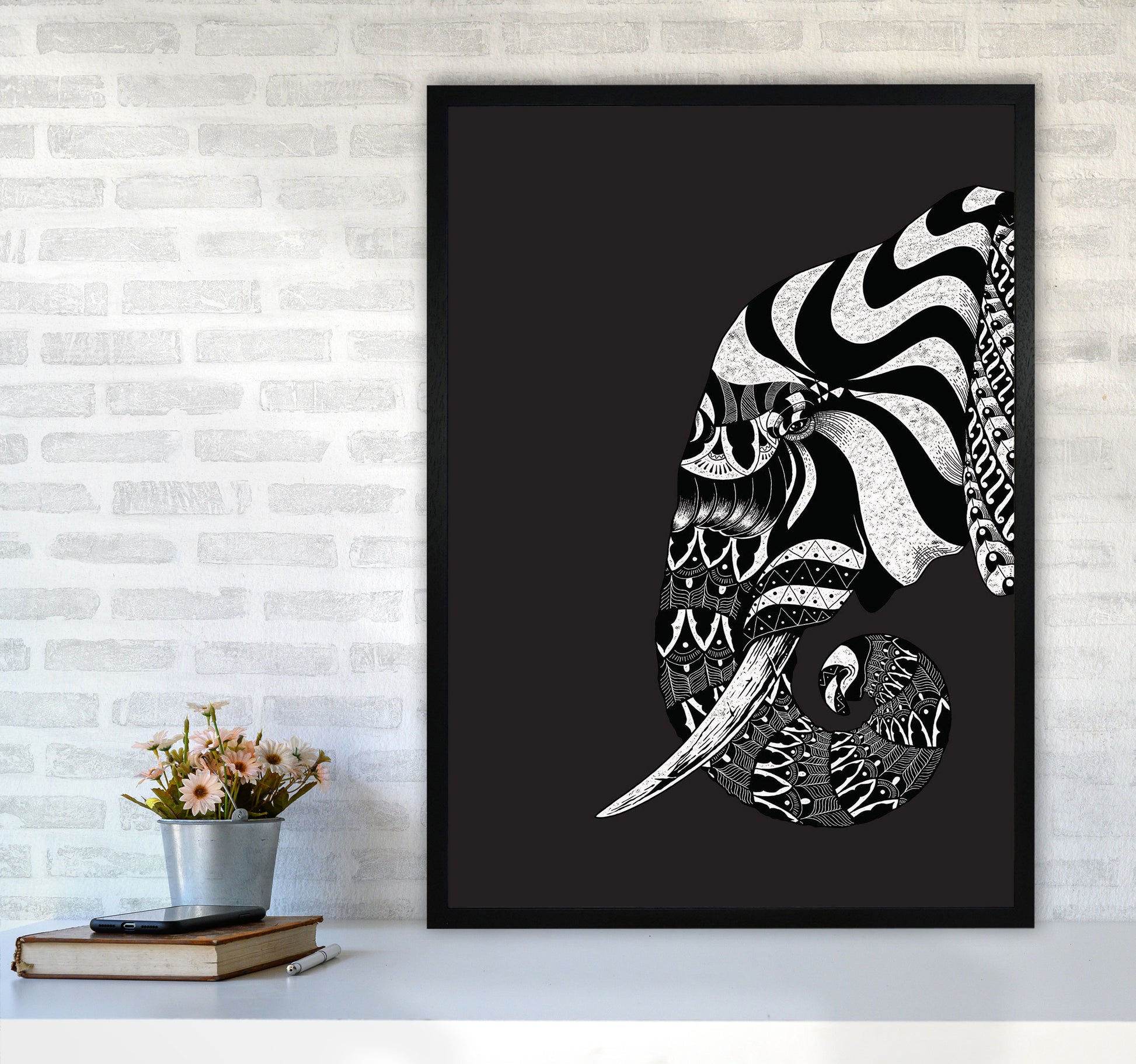 Ornate Elephant Art Print by Jason Stanley A1 White Frame
