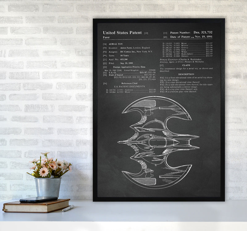 Batwing Patent Side View- Chalkboard Art Print by Jason Stanley A1 White Frame
