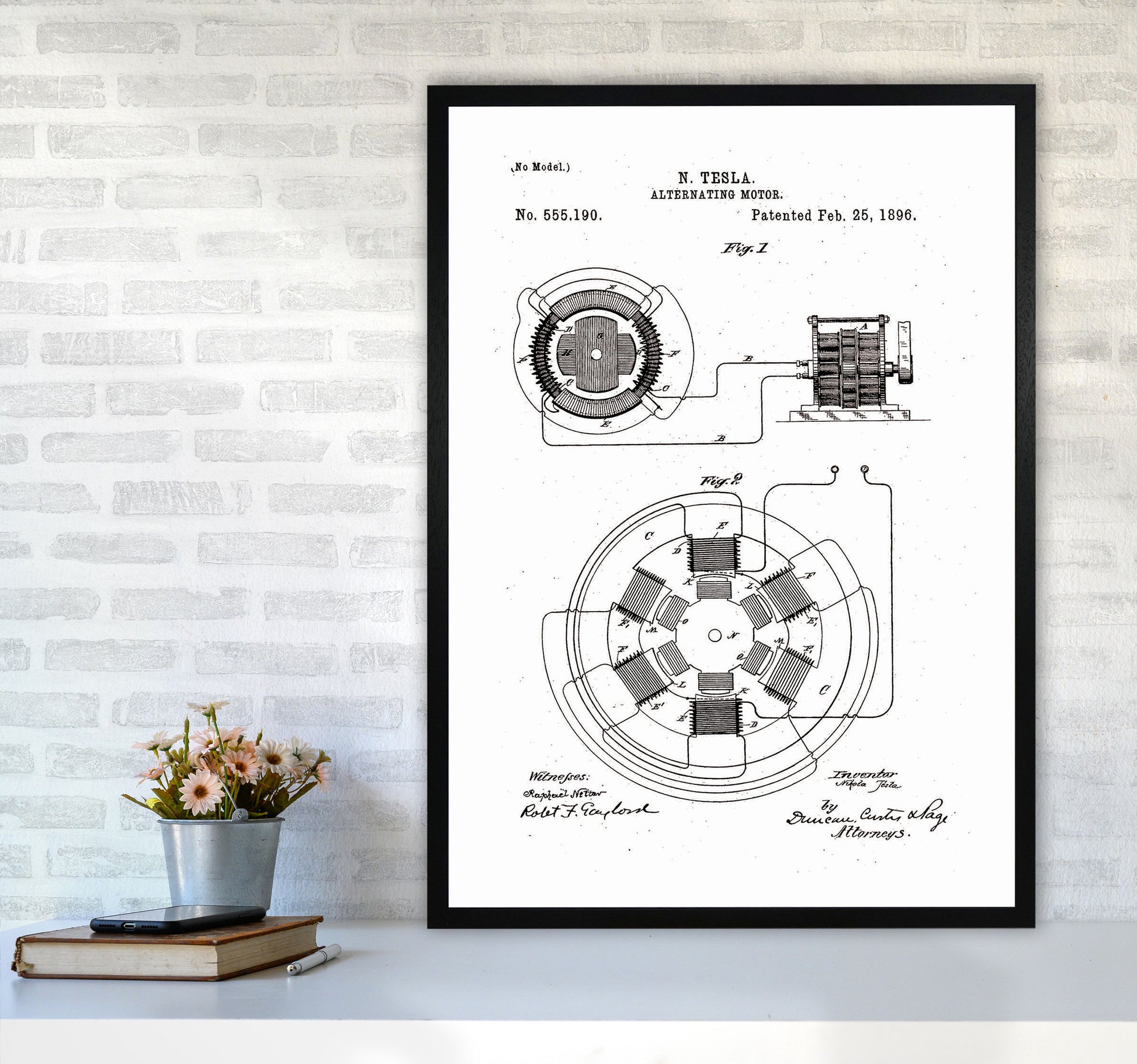 Tesla Alternating Motor Patent Art Print by Jason Stanley A1 White Frame
