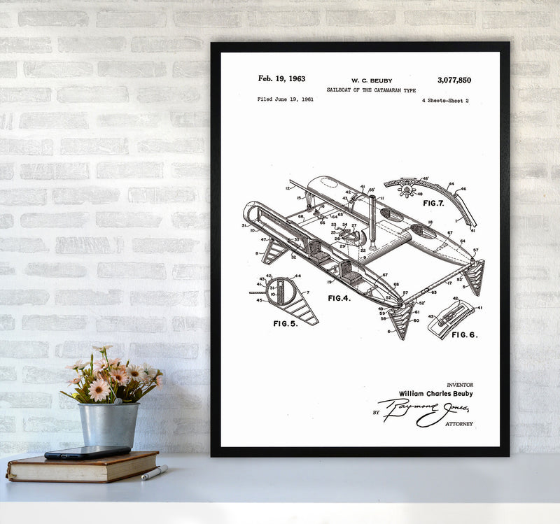 Catamaran Patent Art Print by Jason Stanley A1 White Frame