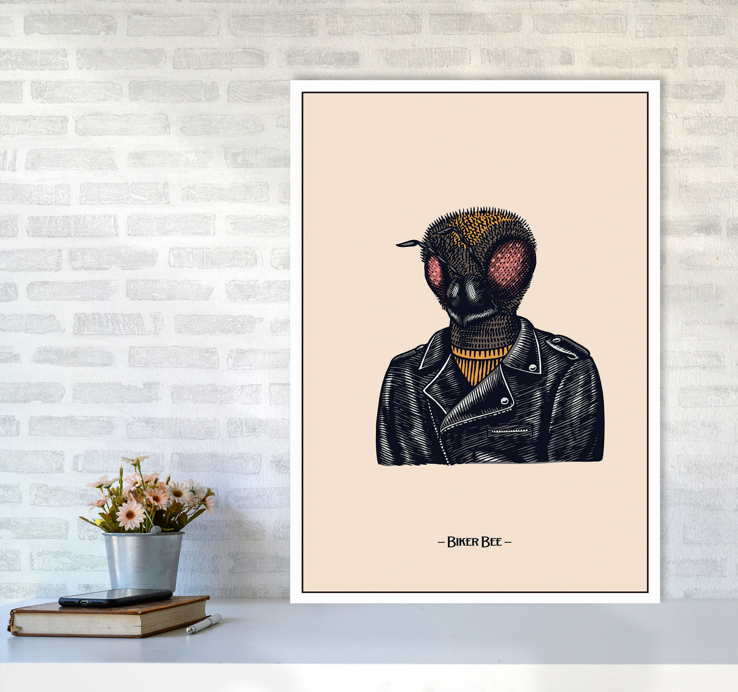 Biker Bee Art Print by Jason Stanley A1 Black Frame