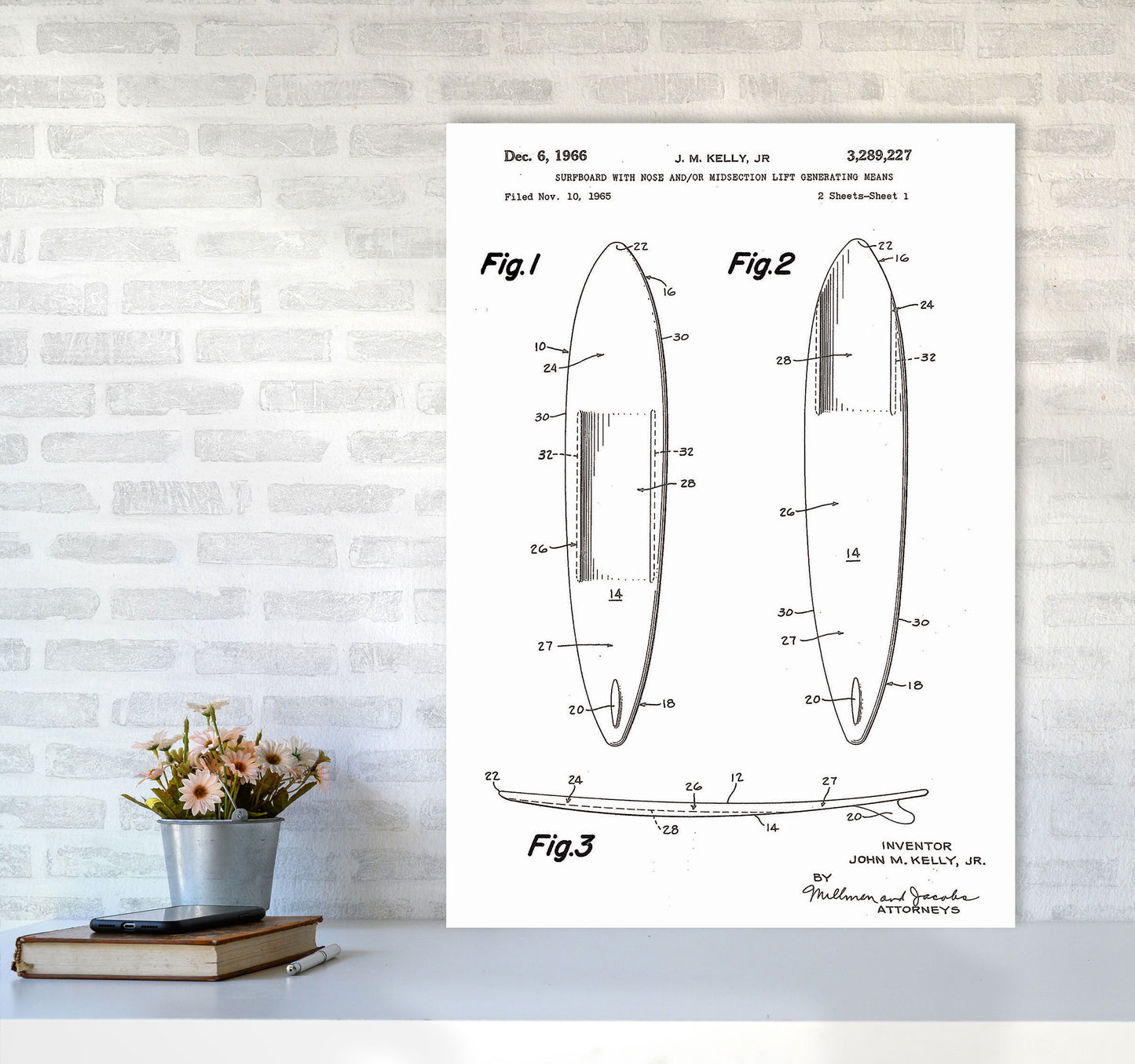 Surfboard Patent White Art Print by Jason Stanley A1 Black Frame