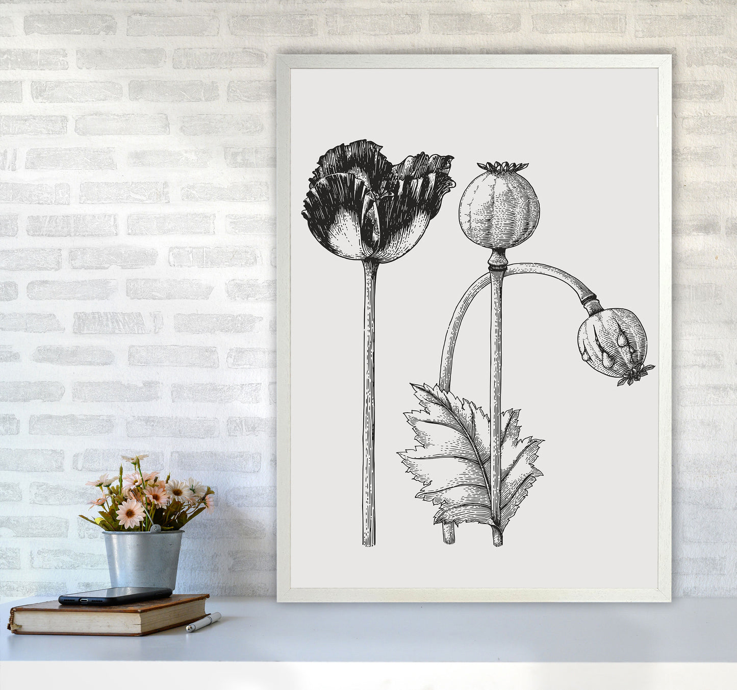 Vintage Poppy Plant Art Print by Jason Stanley A1 Oak Frame
