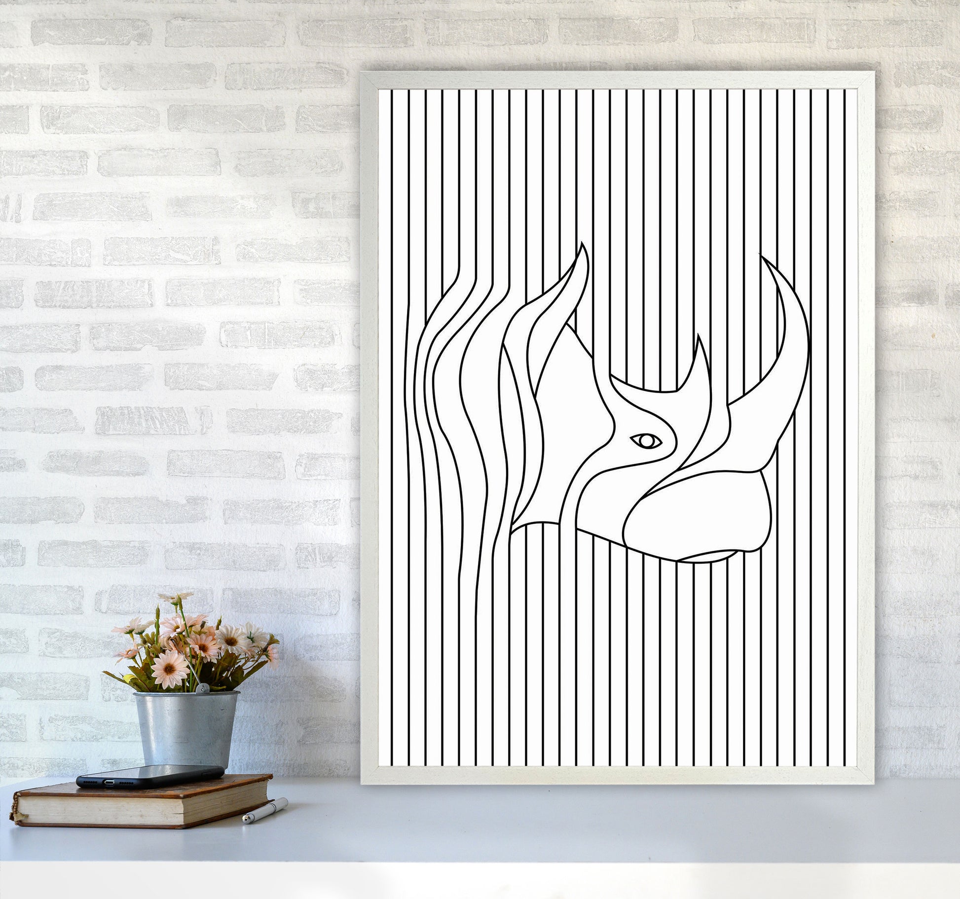 Line Drawing Rhino Art Print by Jason Stanley A1 Oak Frame
