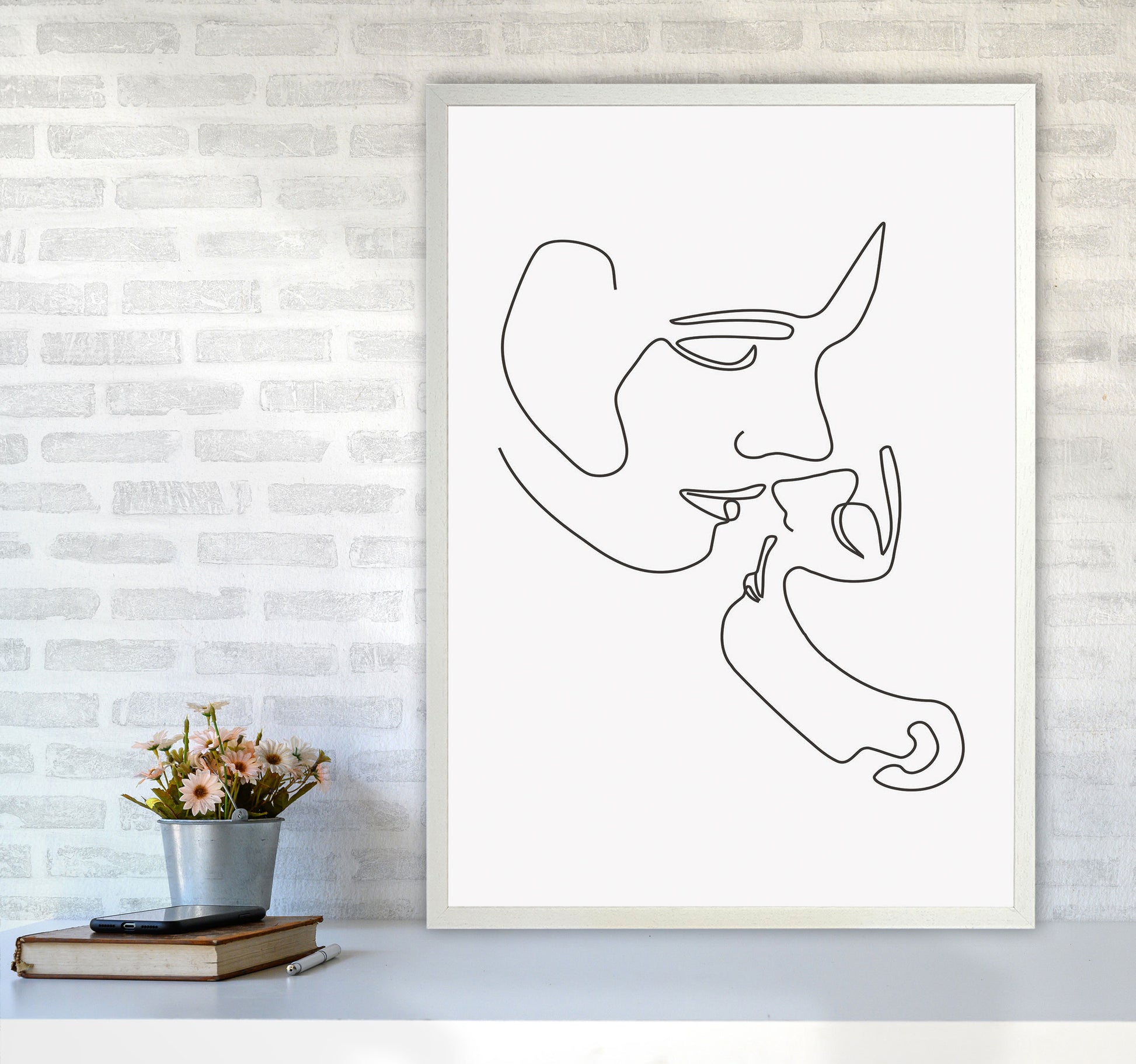 One Line Kiss Art Print by Jason Stanley A1 Oak Frame