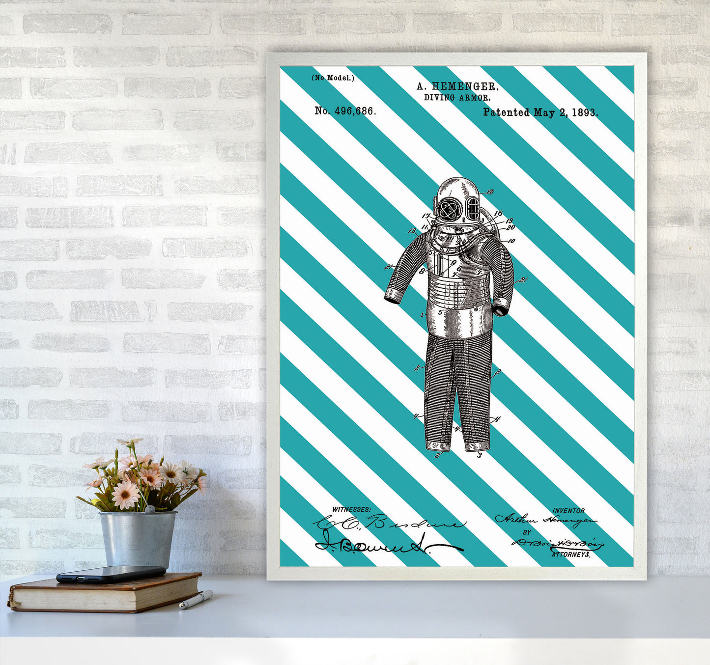 Diving Armor Patent Side Stripe Art Print by Jason Stanley A1 Oak Frame