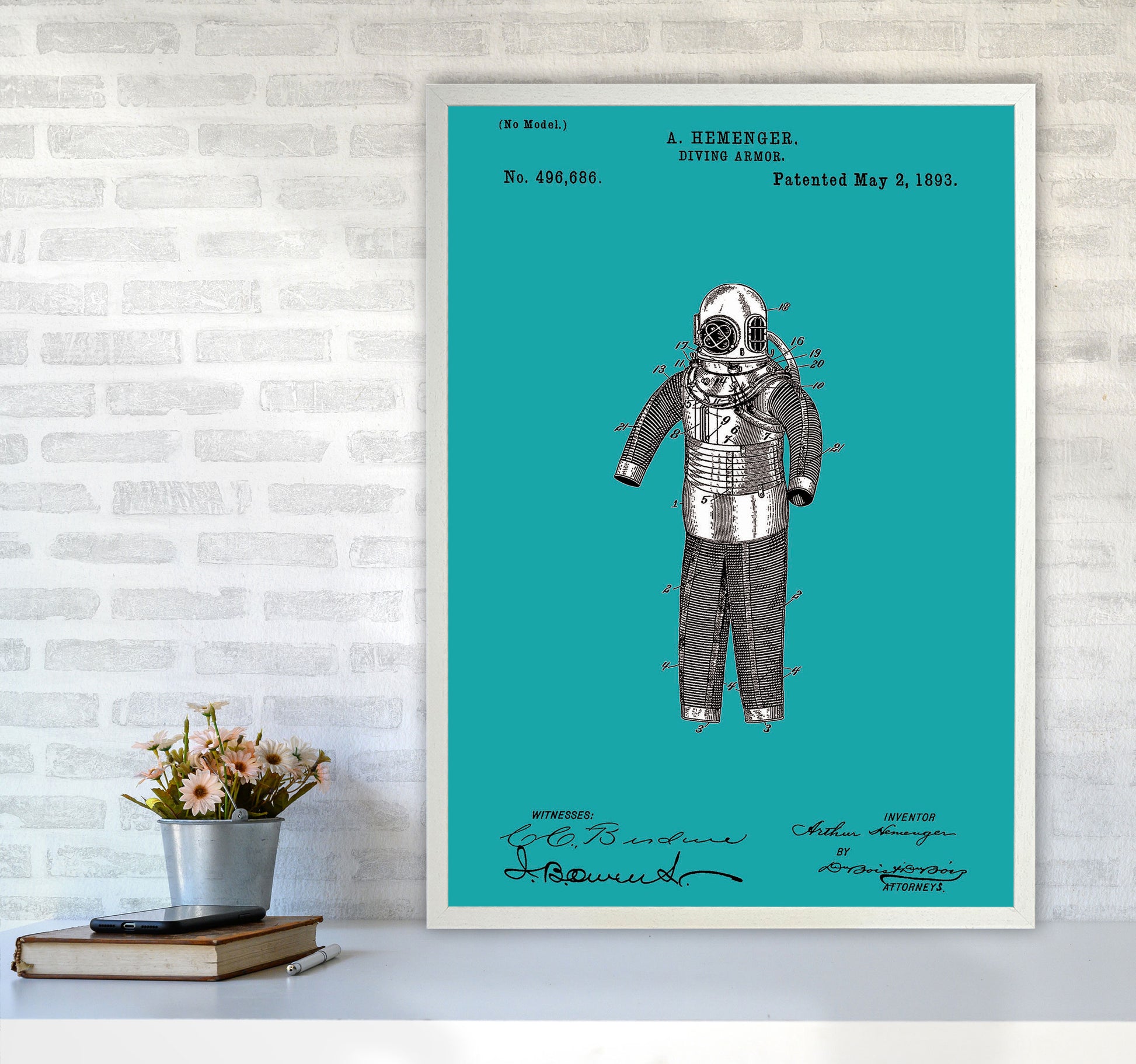 Diving Armor Patent Blue Art Print by Jason Stanley A1 Oak Frame