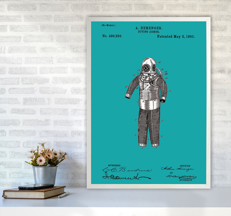 Diving Armor Patent Blue Art Print by Jason Stanley A1 Oak Frame