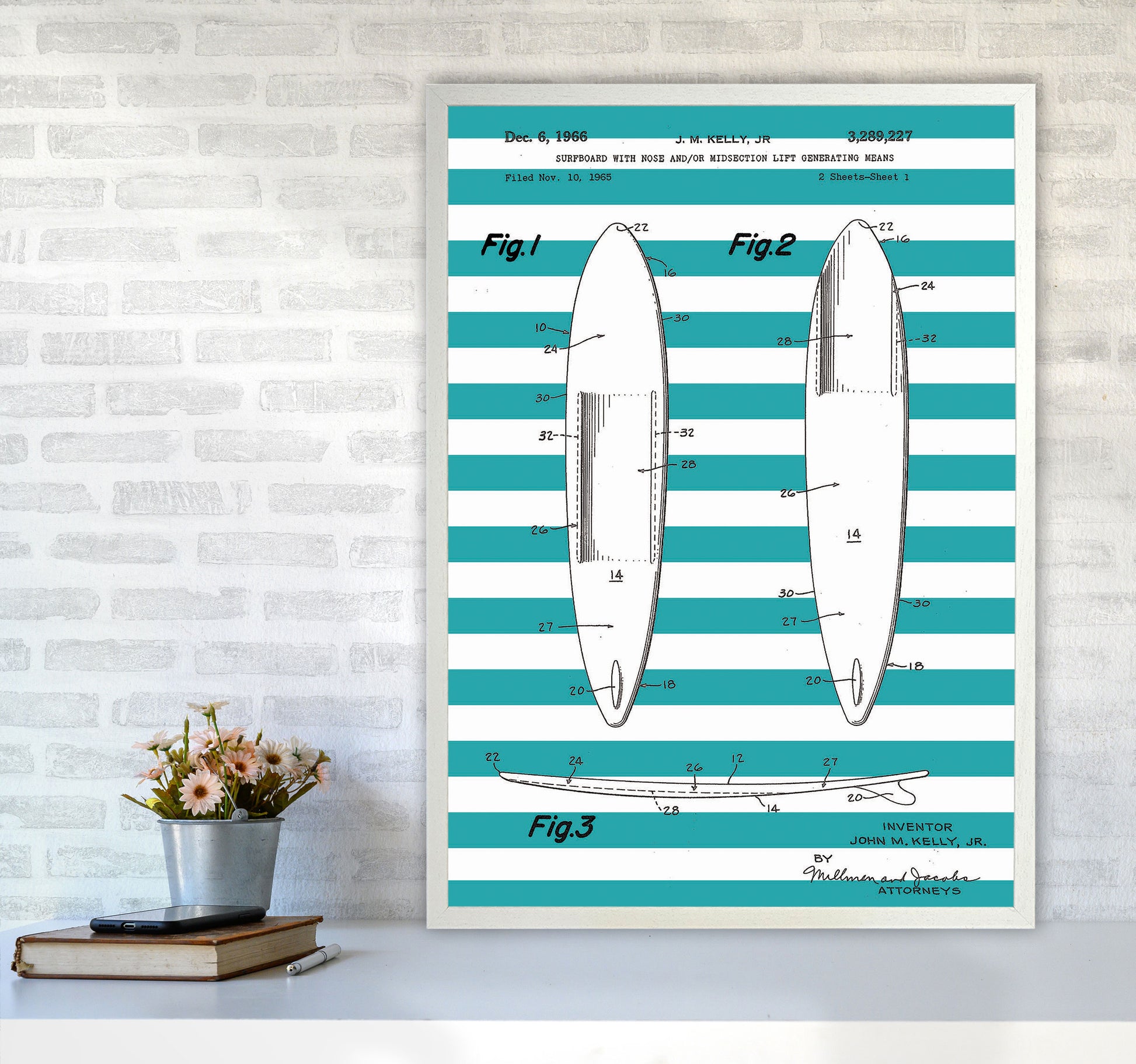 Surfboard Patent Stripe Art Print by Jason Stanley A1 Oak Frame