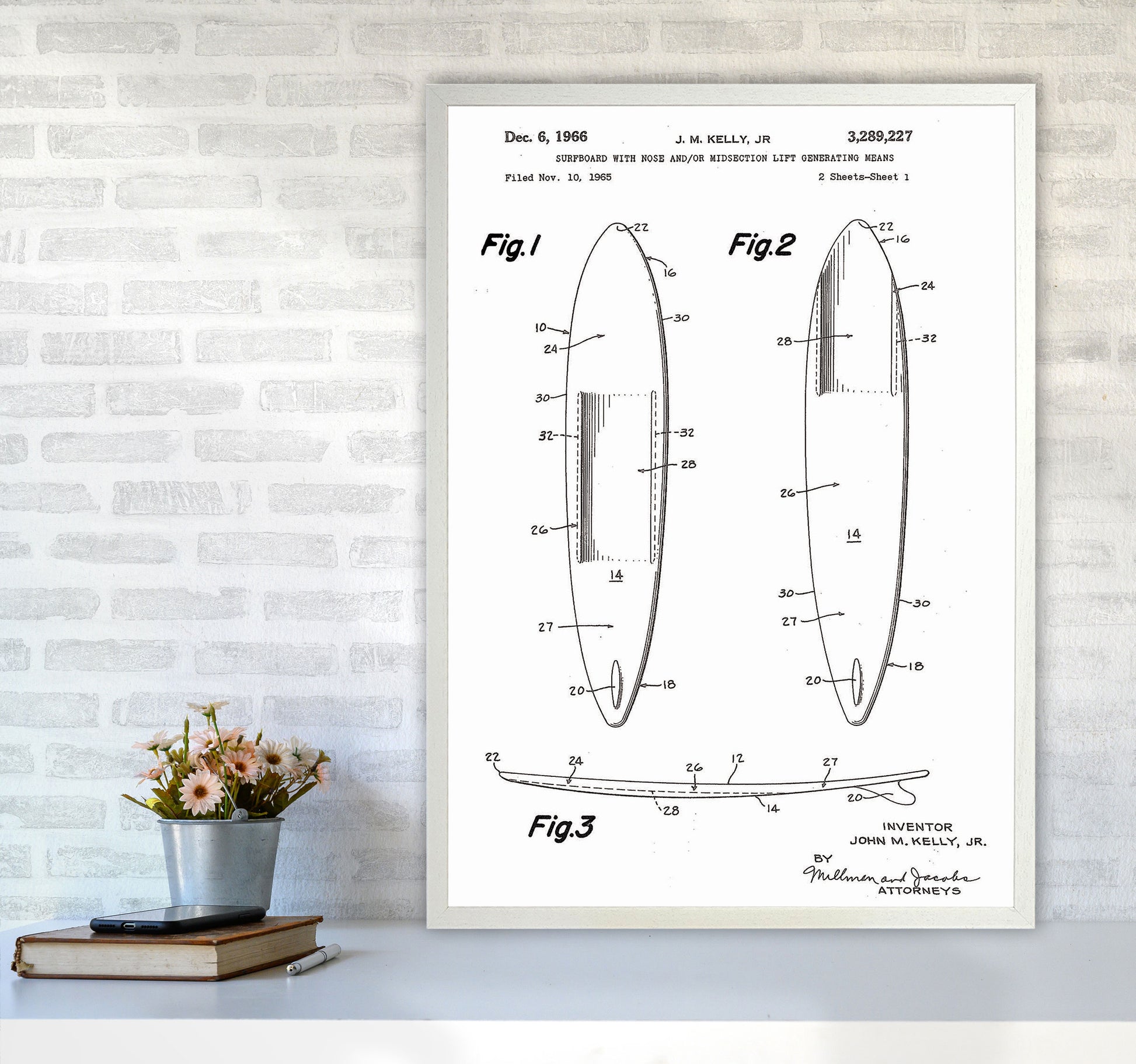 Surfboard Patent White Art Print by Jason Stanley A1 Oak Frame