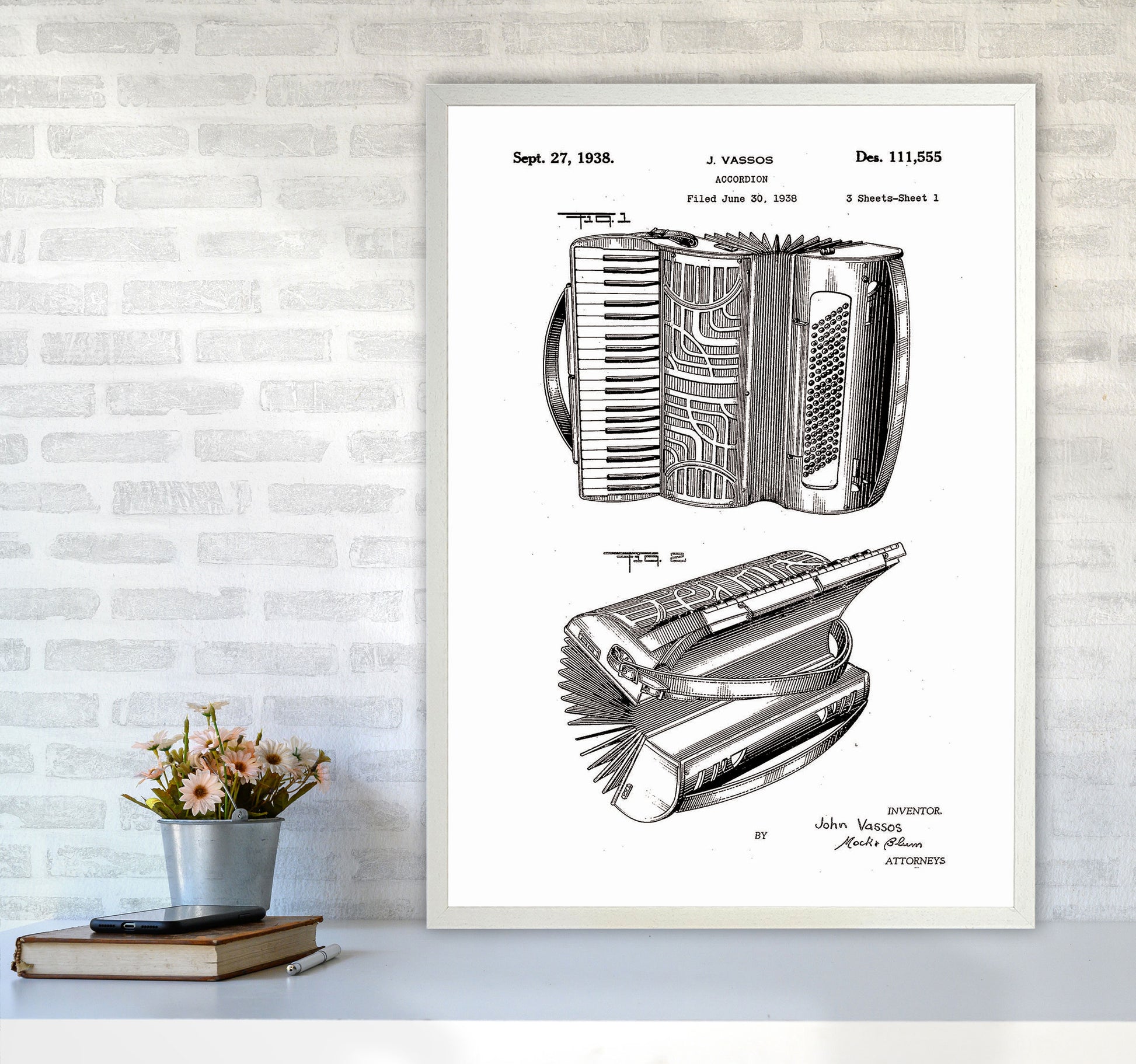 Accordian Patent Art Print by Jason Stanley A1 Oak Frame