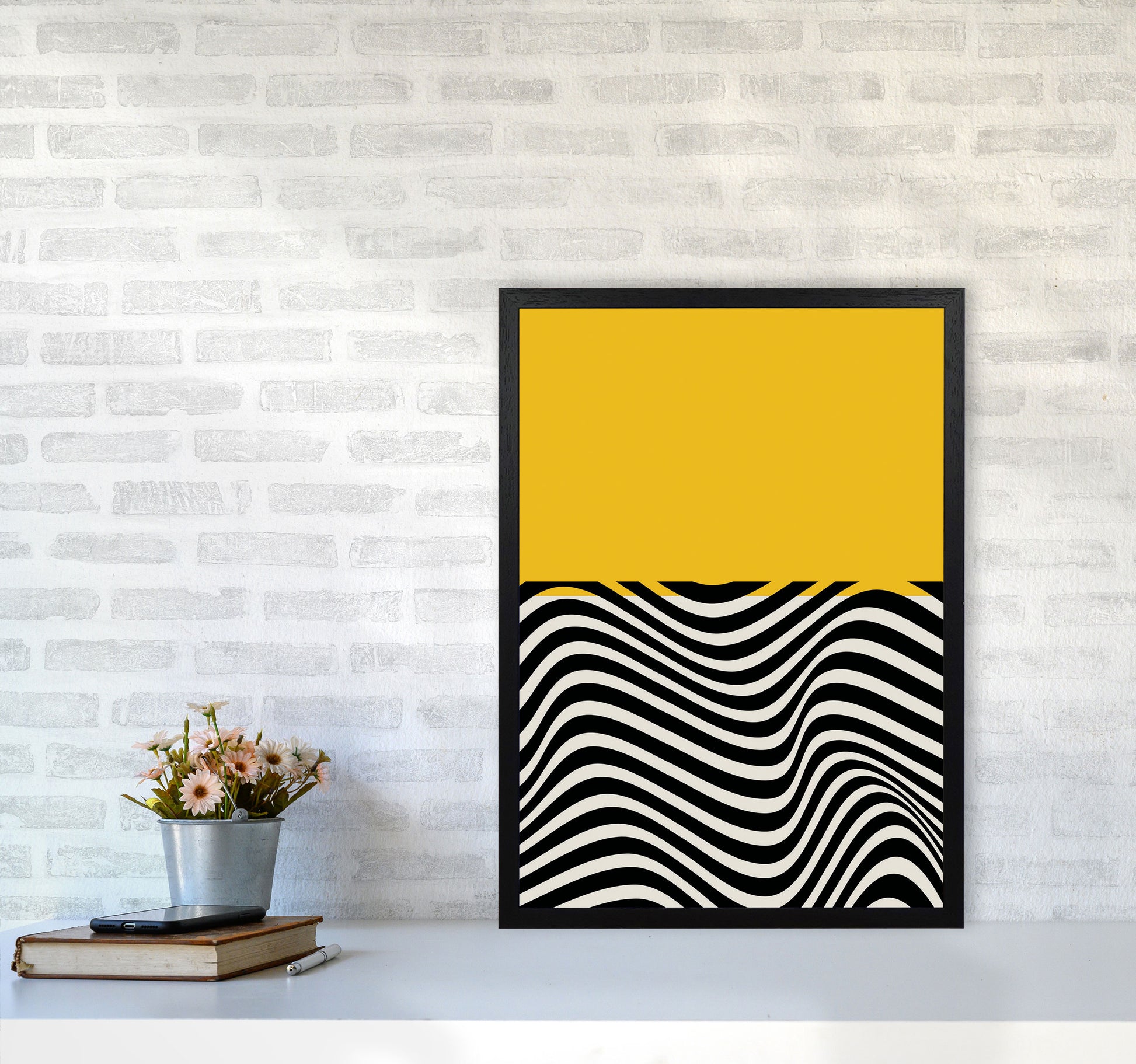 Minimal Abstract Yellow Wave Art Print by Jason Stanley A2 White Frame