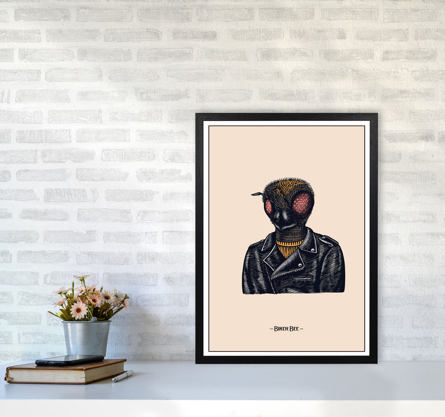 Biker Bee Art Print by Jason Stanley A2 White Frame