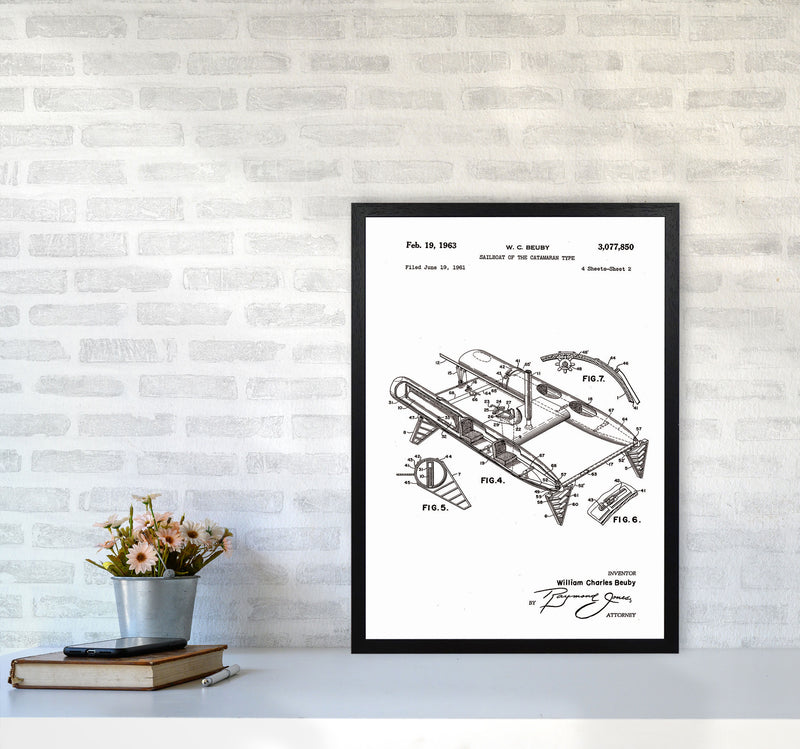 Catamaran Patent Art Print by Jason Stanley A2 White Frame