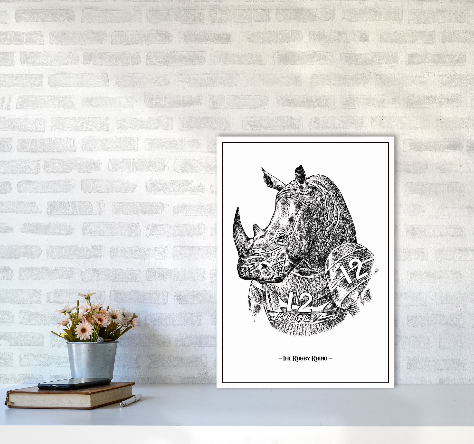 The Rugby Rhino Art Print by Jason Stanley A2 Black Frame