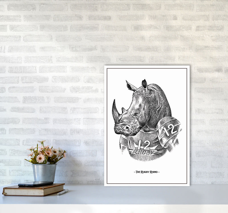 The Rugby Rhino Art Print by Jason Stanley A2 Black Frame