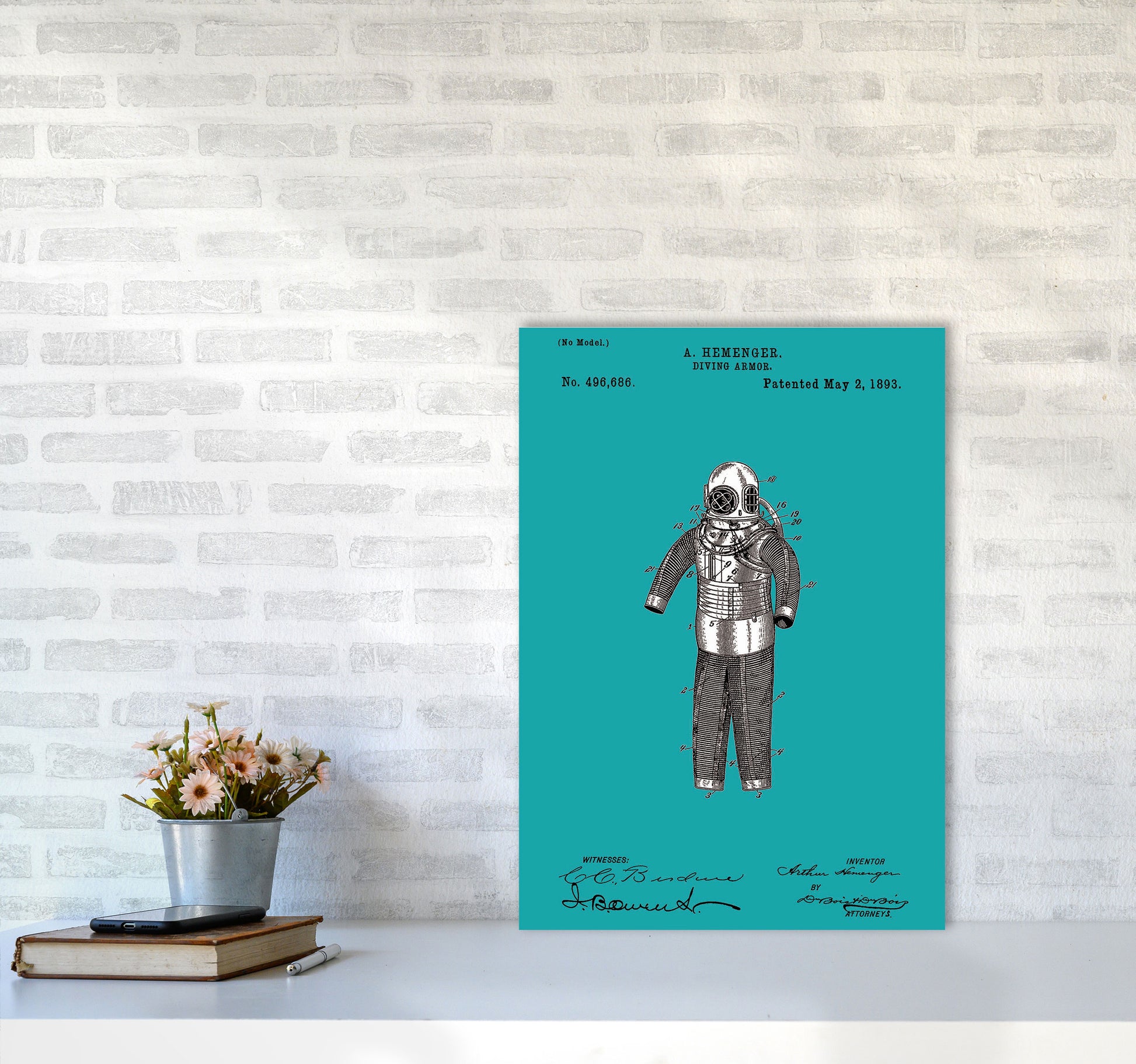 Diving Armor Patent Blue Art Print by Jason Stanley A2 Black Frame