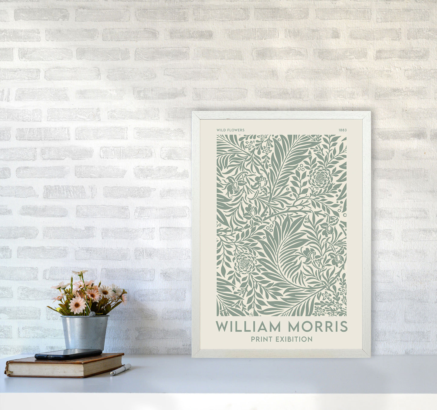 William Morris- Green Wild Flowers Art Print by Jason Stanley A2 Oak Frame