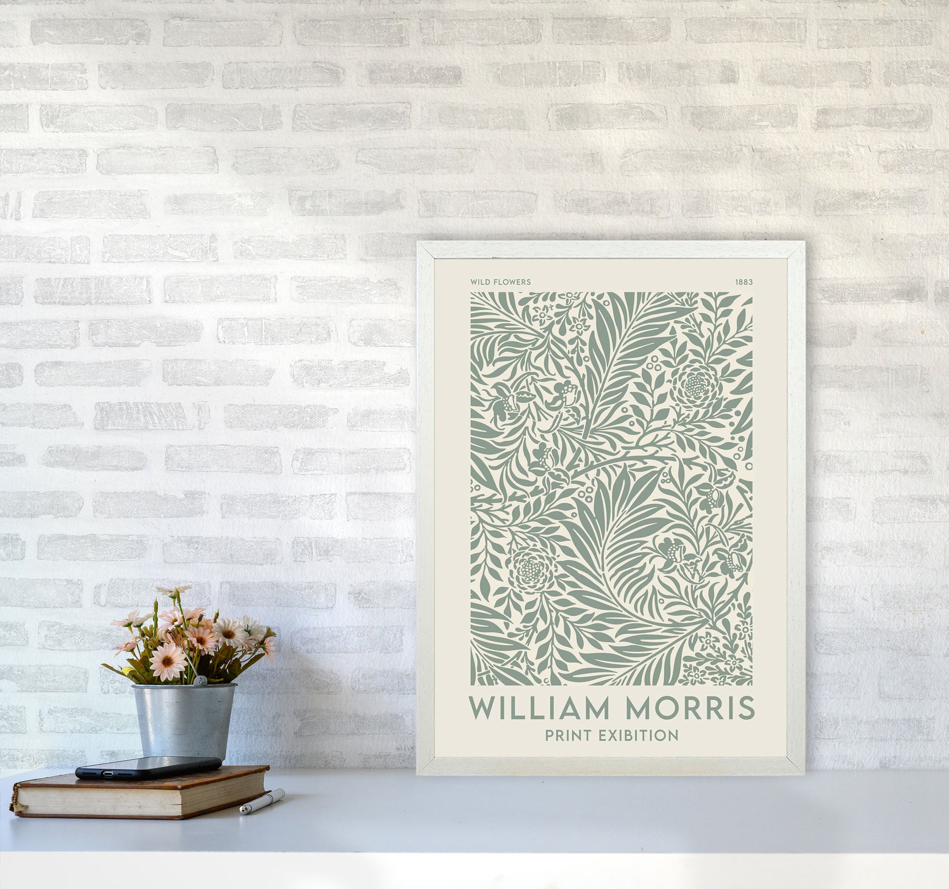 William Morris- Green Wild Flowers Art Print by Jason Stanley A2 Oak Frame