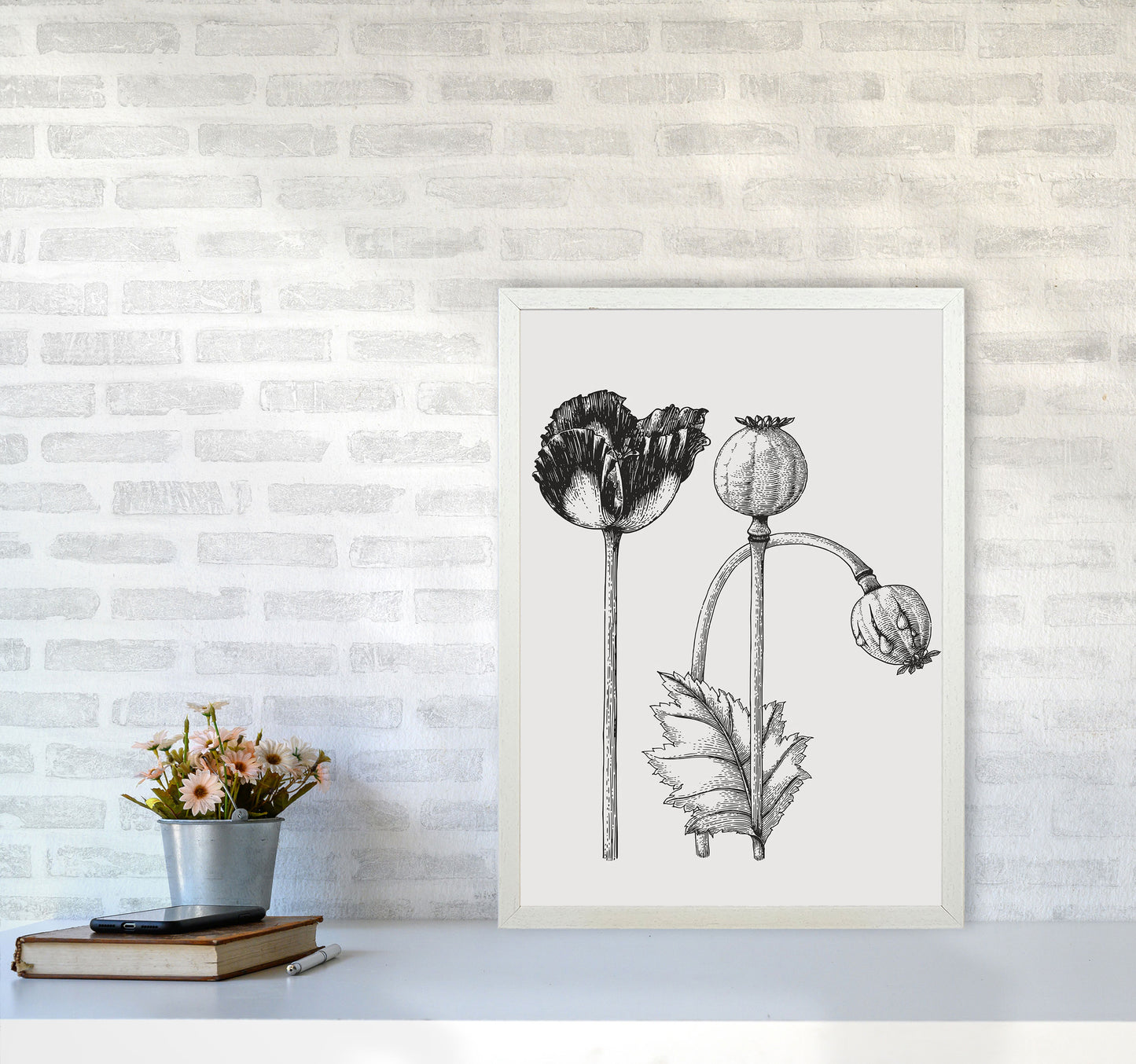 Vintage Poppy Plant Art Print by Jason Stanley A2 Oak Frame