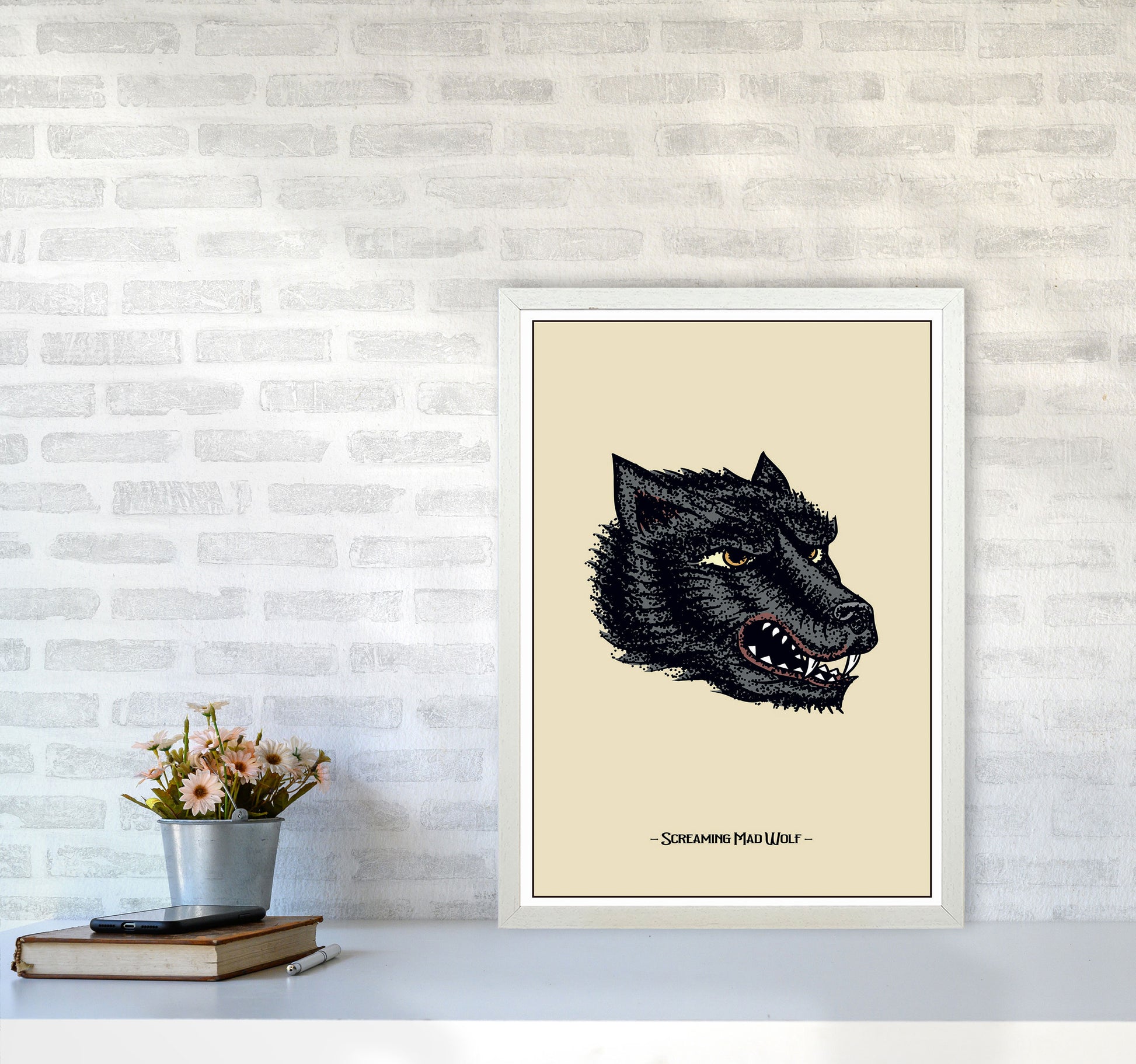 Screaming Mad Wolf Art Print by Jason Stanley A2 Oak Frame