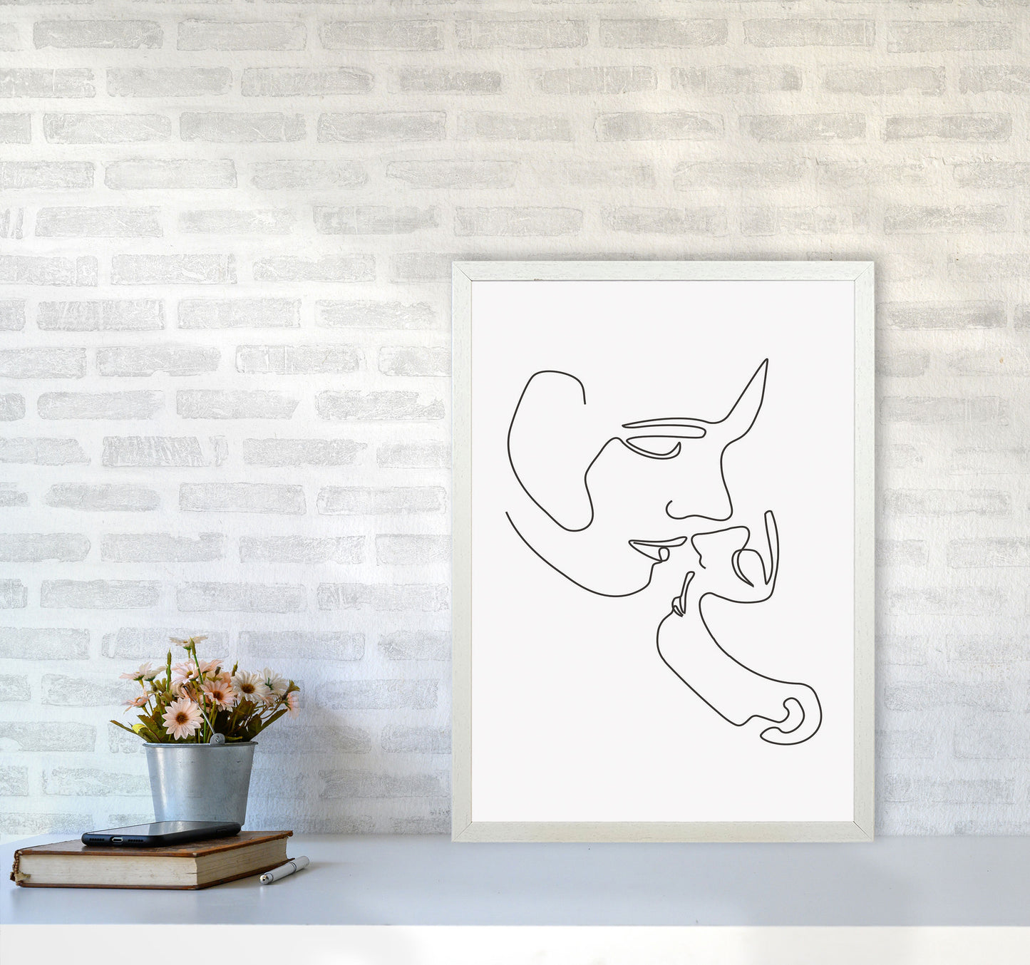 One Line Kiss Art Print by Jason Stanley A2 Oak Frame