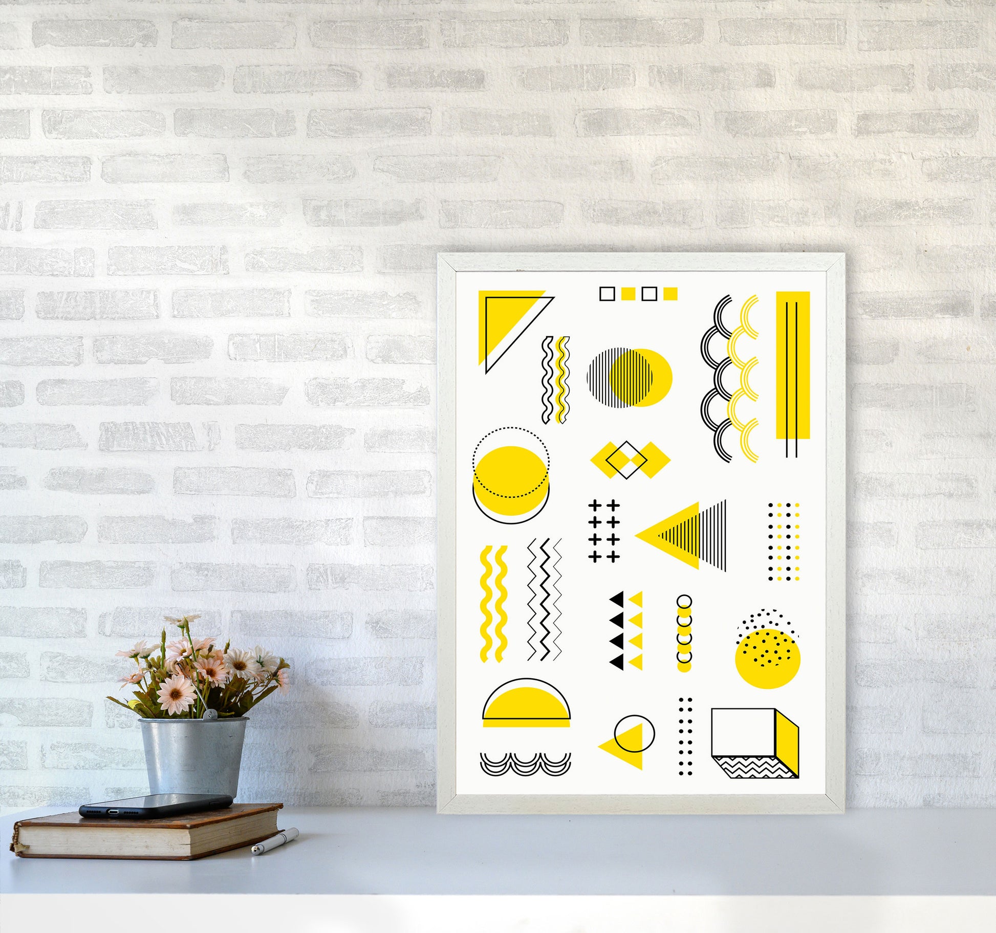 Yellow Shapes Art Print by Jason Stanley A2 Oak Frame