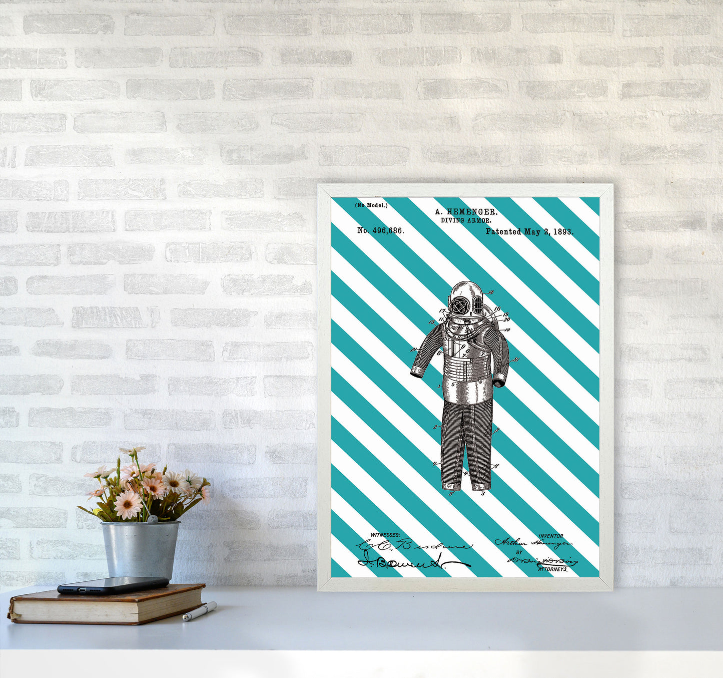 Diving Armor Patent Side Stripe Art Print by Jason Stanley A2 Oak Frame