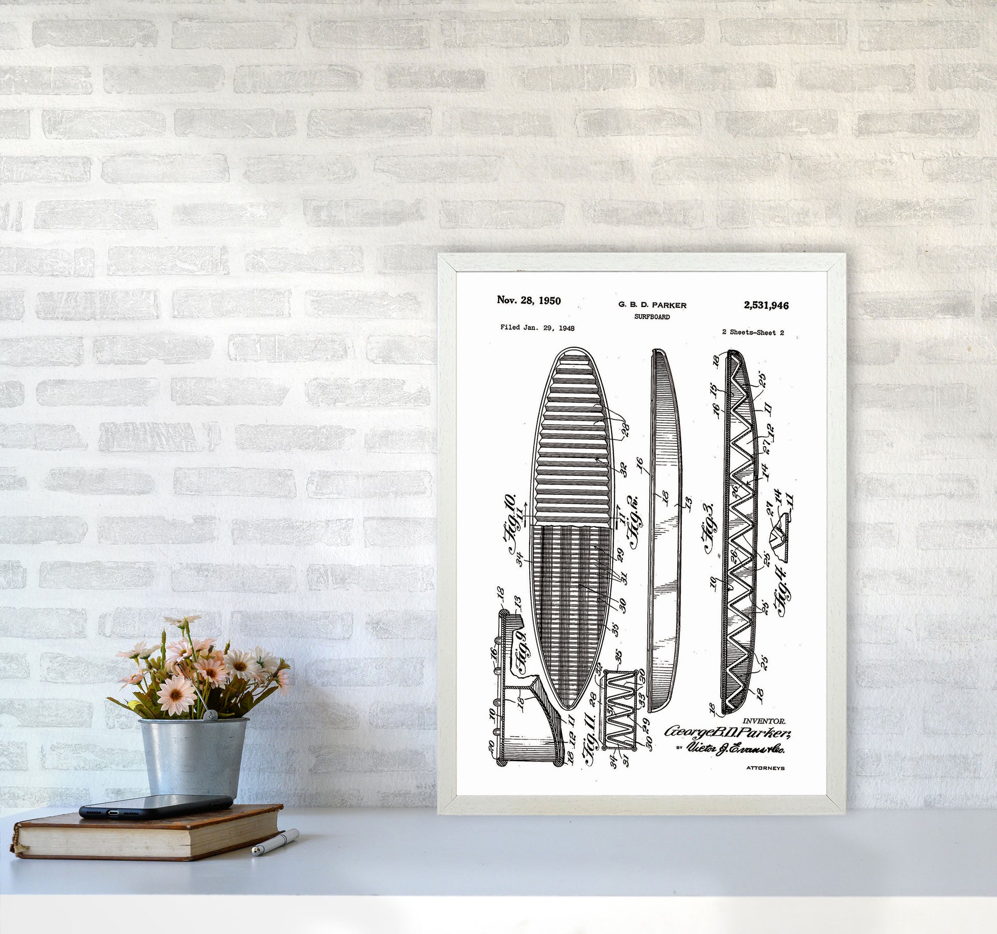 Surfboard Patent Design Art Print by Jason Stanley A2 Oak Frame