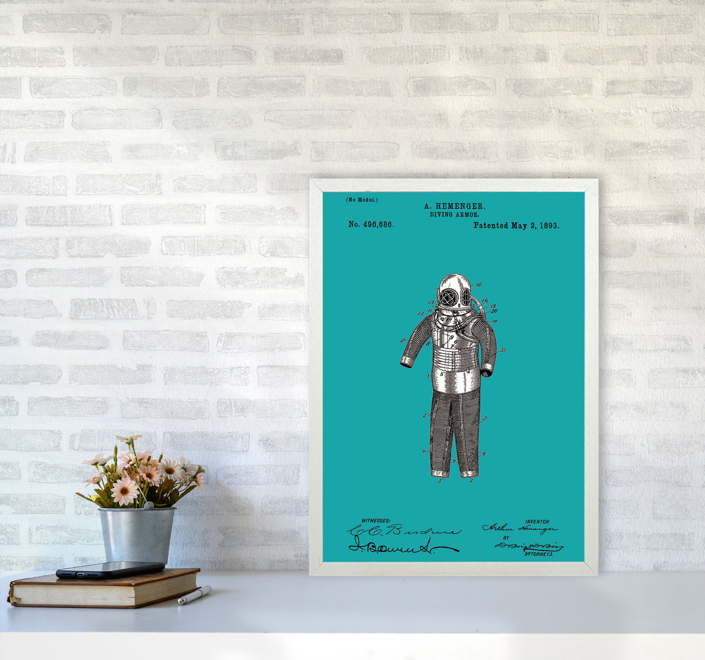 Diving Armor Patent Blue Art Print by Jason Stanley A2 Oak Frame