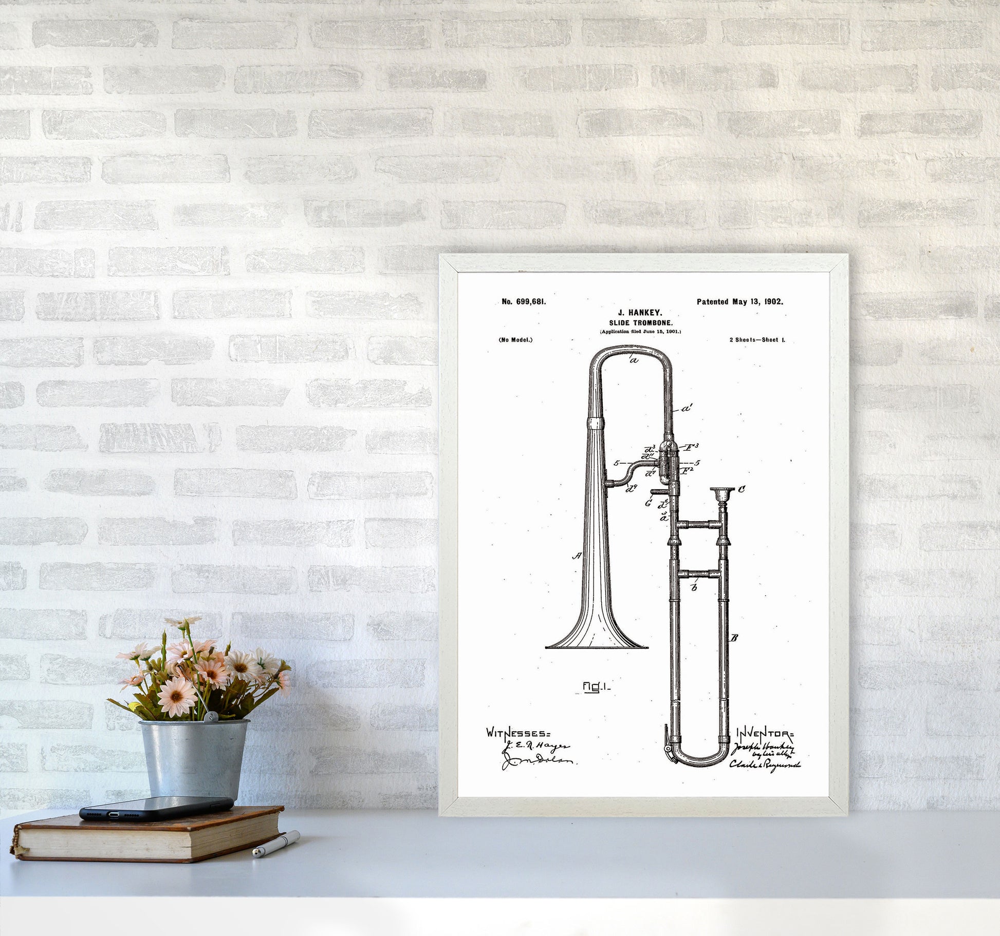 Slide Trombone Patent Art Print by Jason Stanley A2 Oak Frame