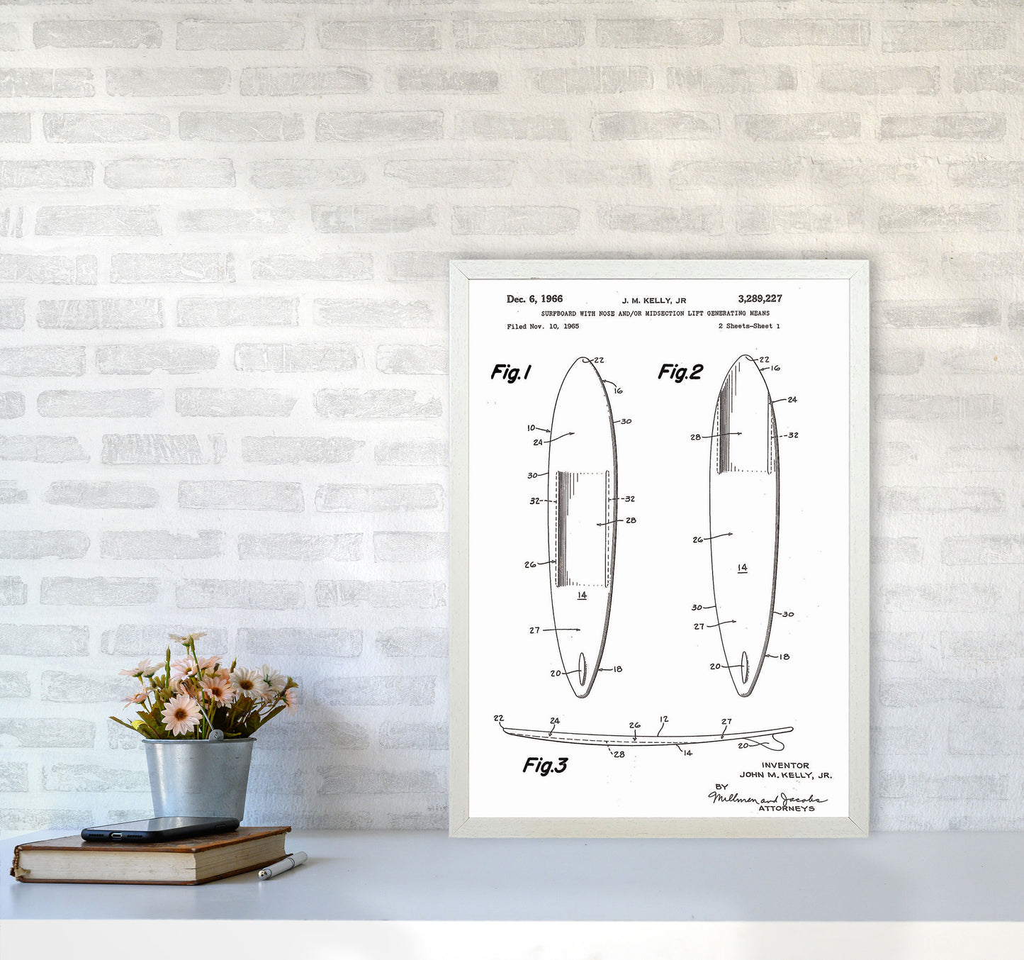 Surfboard Patent White Art Print by Jason Stanley A2 Oak Frame