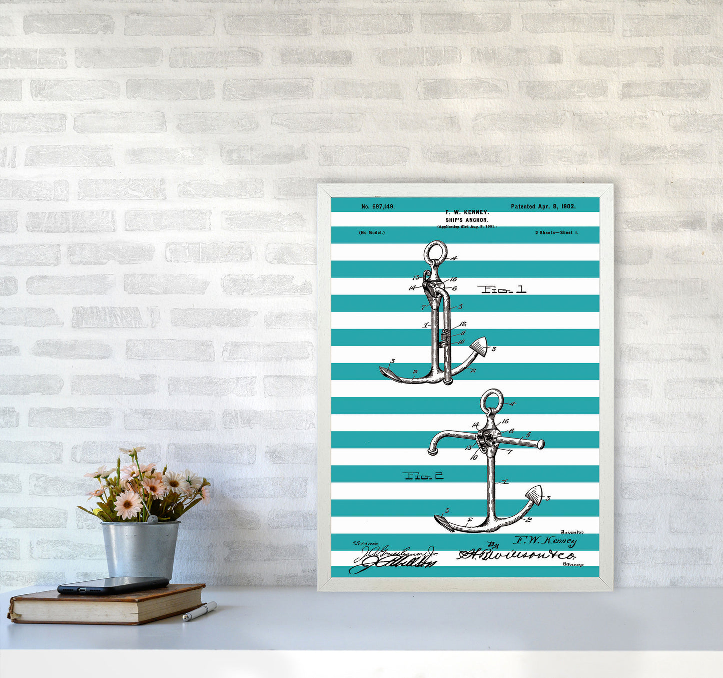 Anchor Patent Stripe Art Print by Jason Stanley A2 Oak Frame