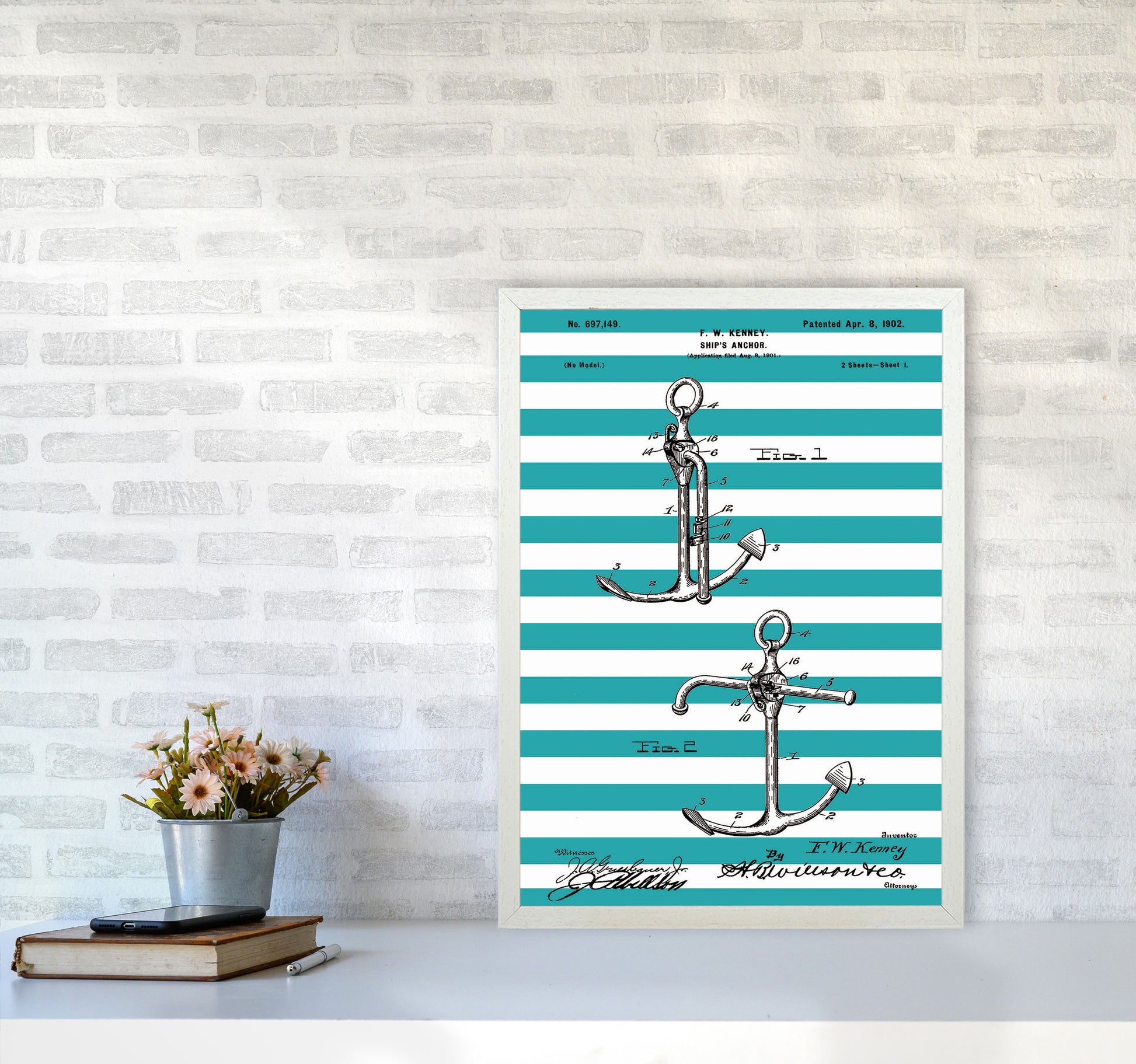 Anchor Patent Stripe Art Print by Jason Stanley A2 Oak Frame